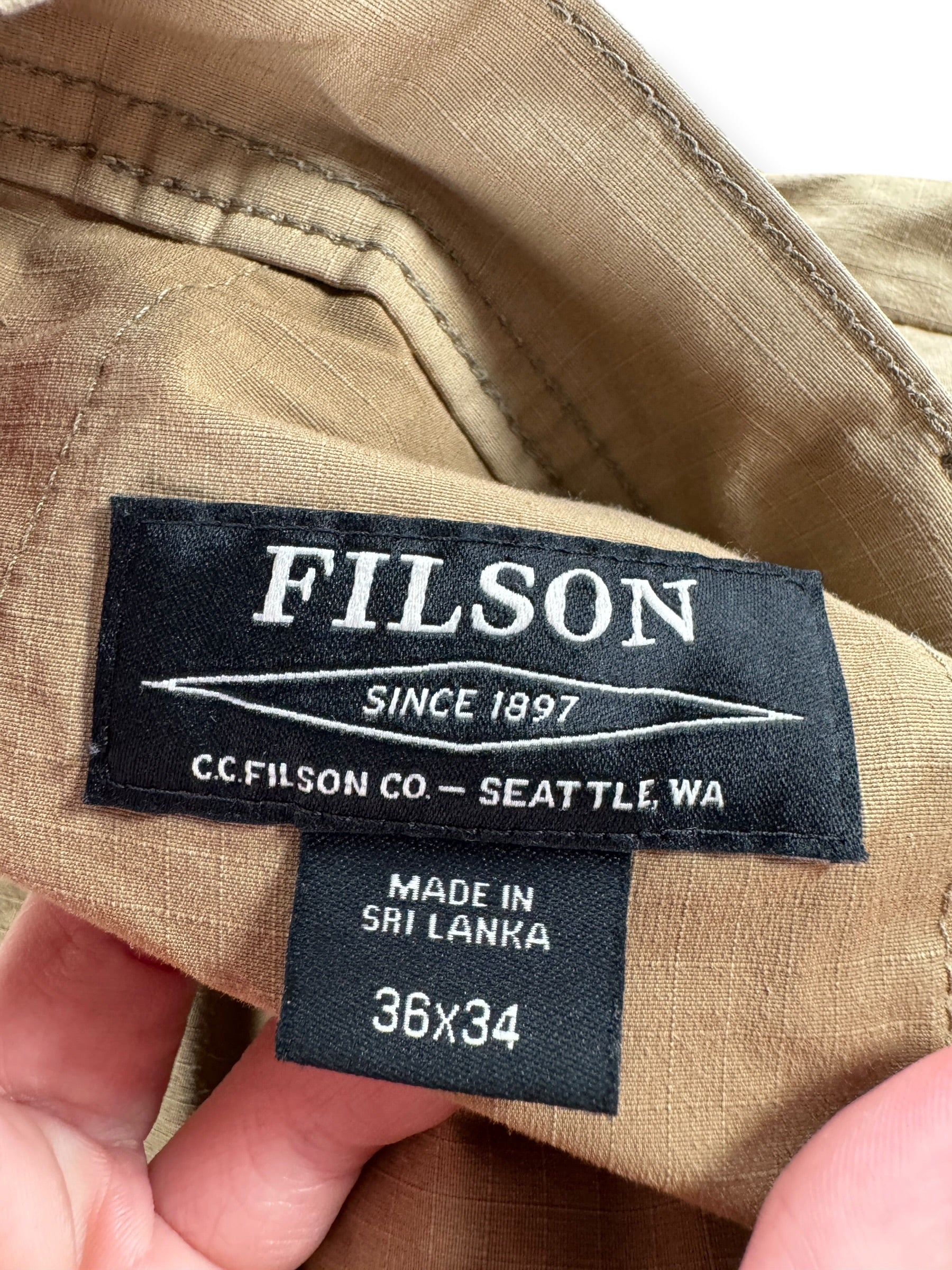 Label on Filson Khaki Upland Brush Pants W36 (Fits W38)