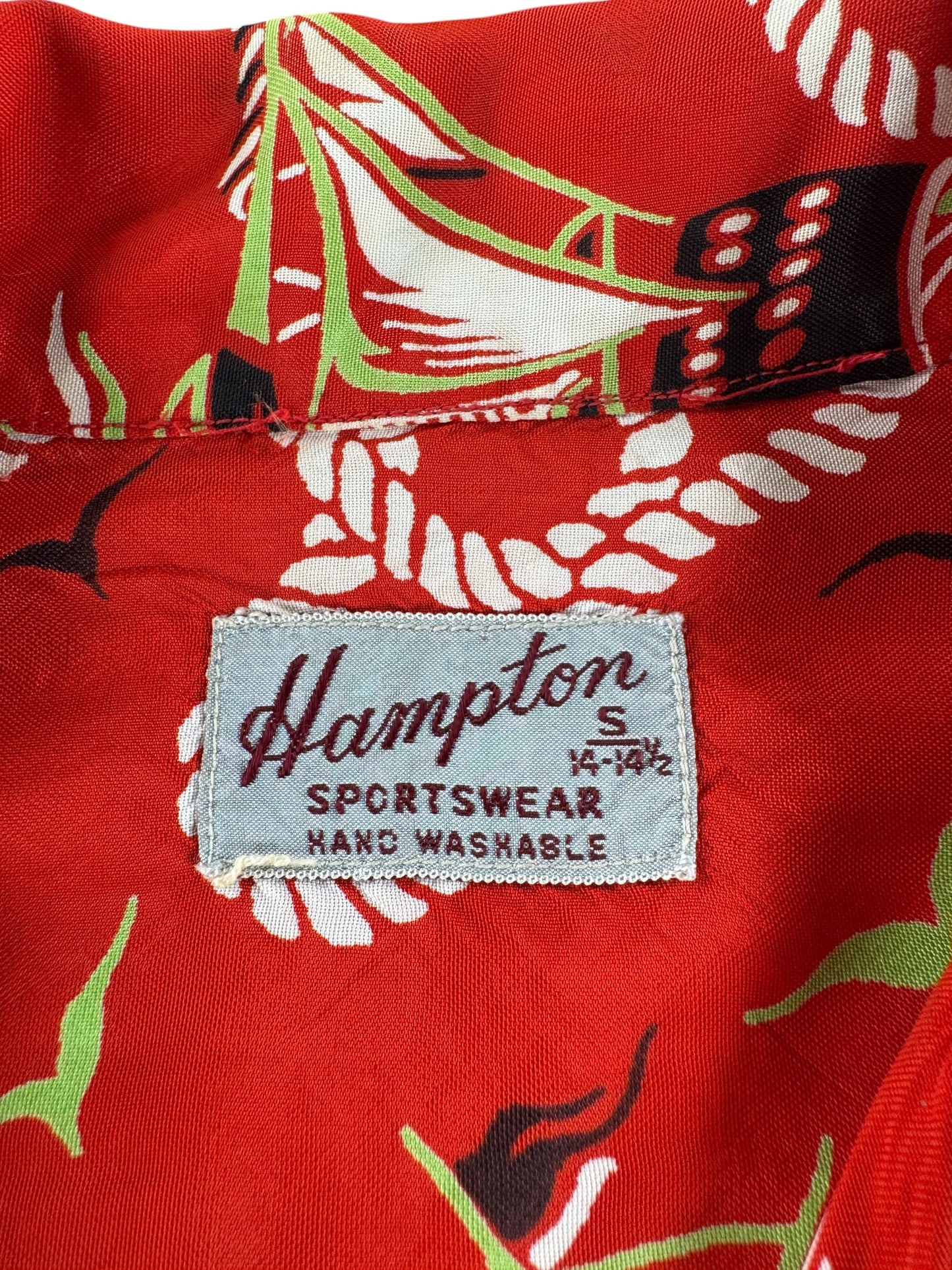 Label on Vintage Hampton Sportswear Red Aloha Shirt SZ S