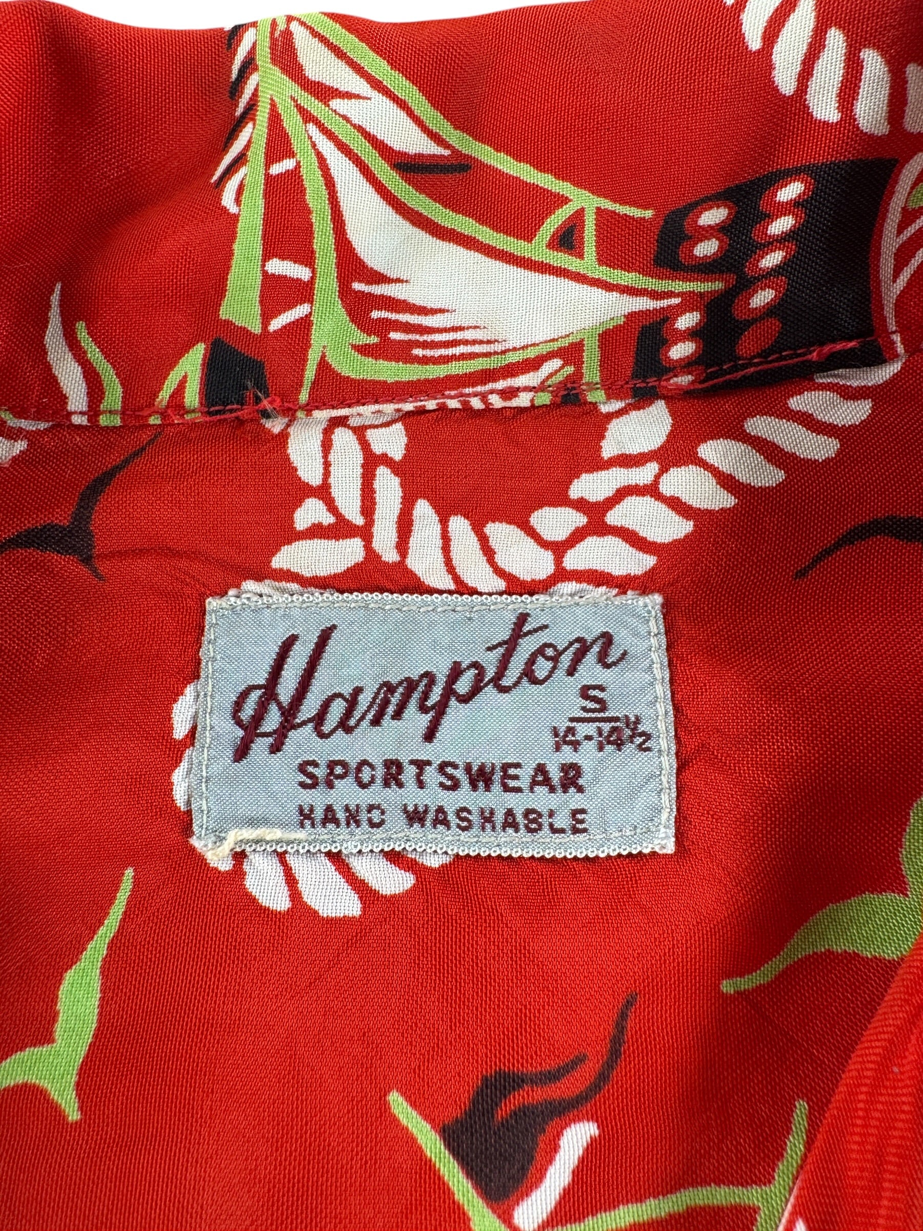 Label on Vintage Hampton Sportswear Red Aloha Shirt SZ S