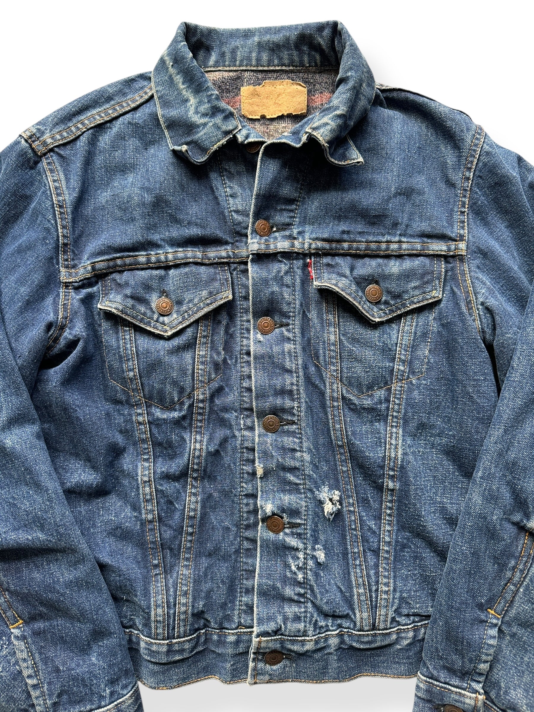 Front Close Up of Vintage Big "E" Levis Blanket Lined Type III Trucker Jacket SZ M AS IS