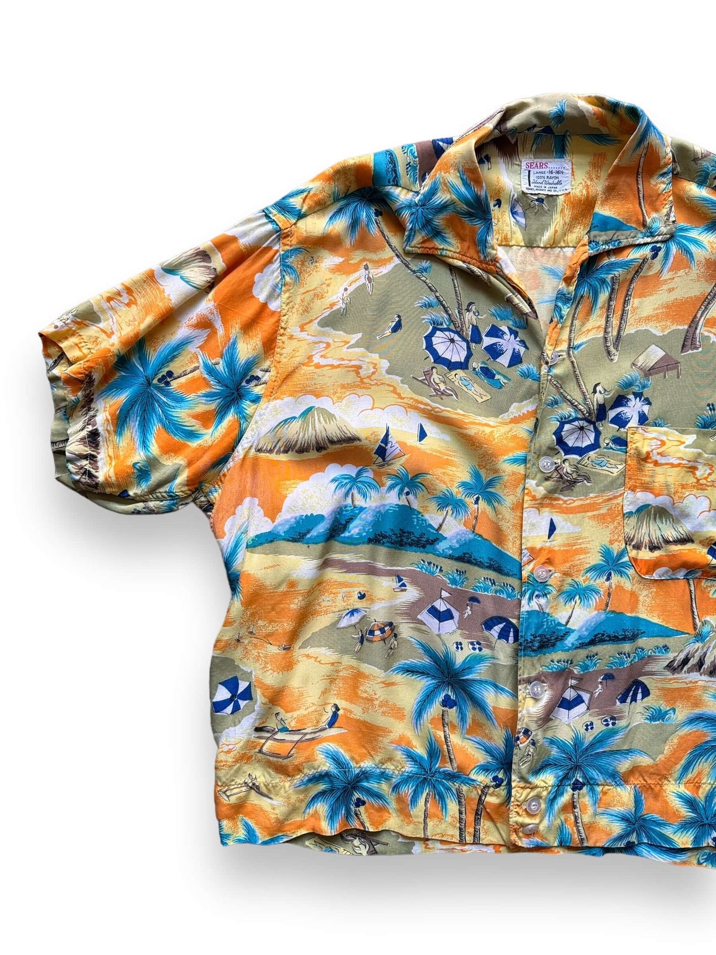 front right of Vintage Sears 100% Rayon Made in Japan Aloha Shirt SZ L