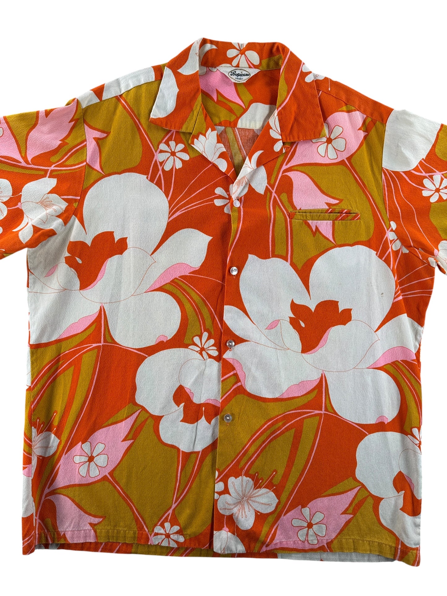 Front Close Up of Vintage Tropicana Psychedelic Barkcloth Aloha Shirt SZ XL