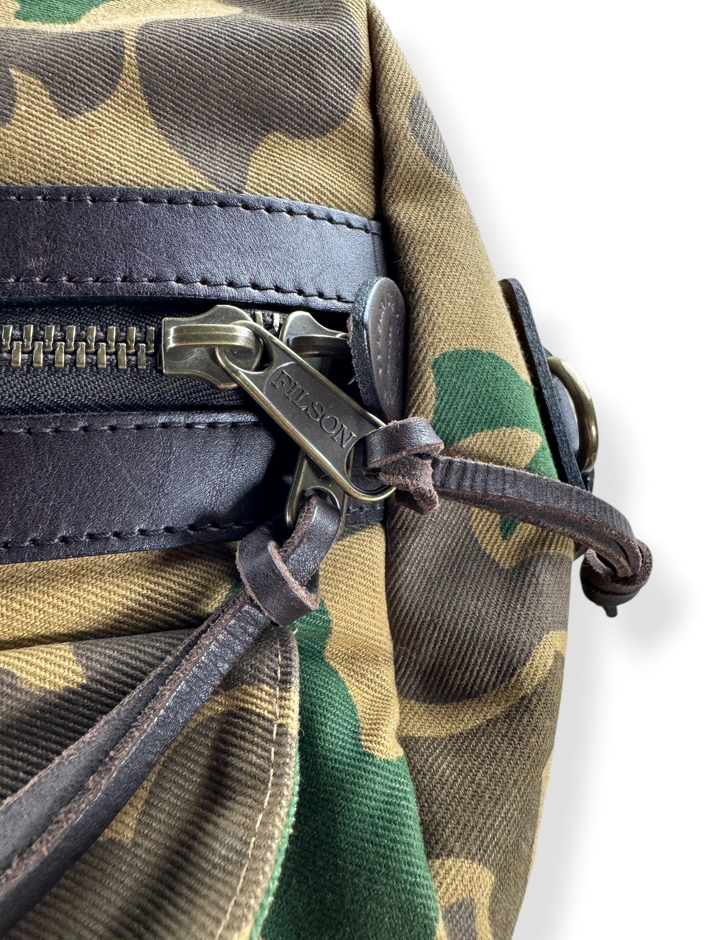 Filson Branded Zips on Filson Limited Shrub Camo Travel Duffel