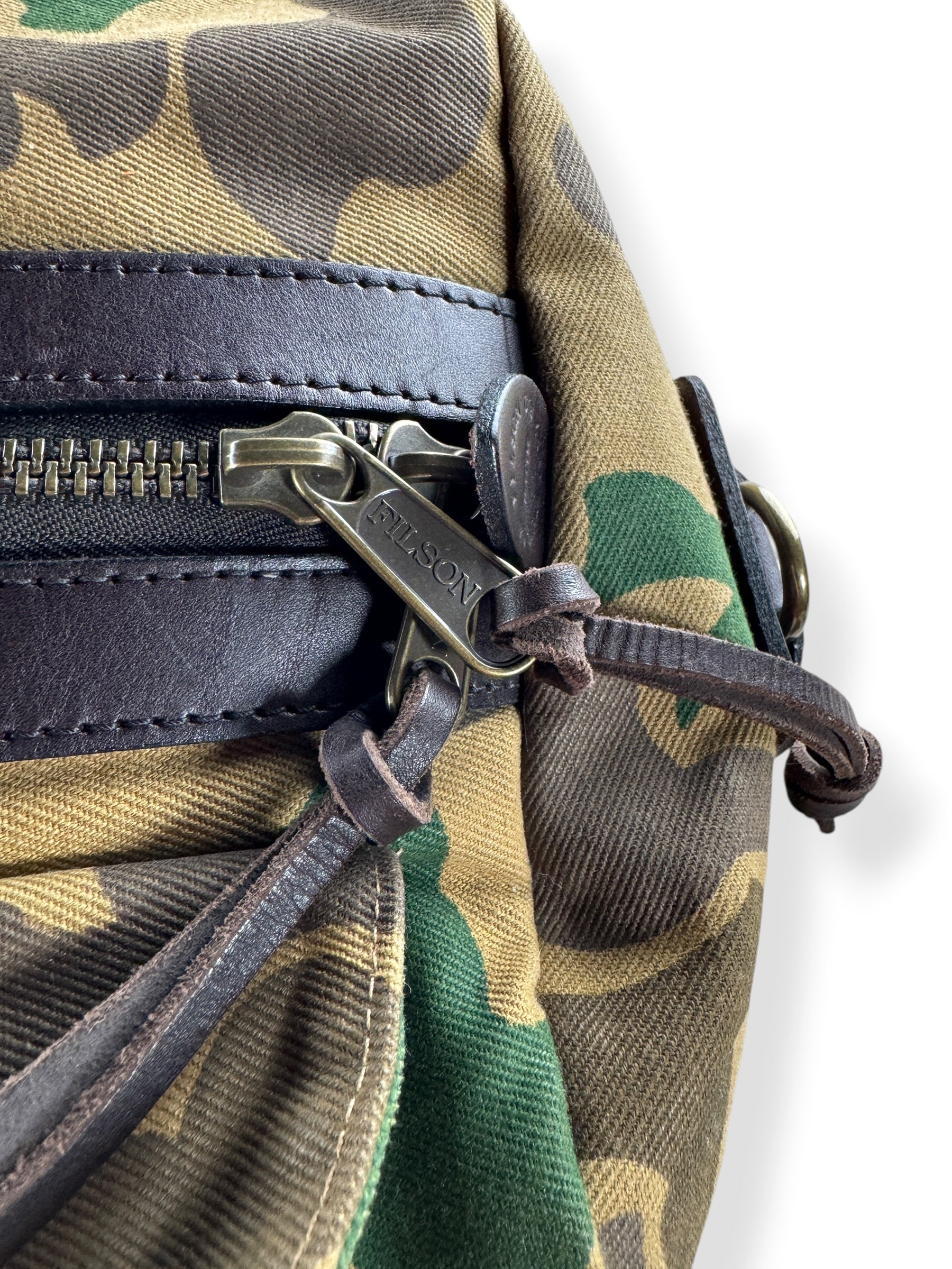 Filson Branded Zips on Filson Limited Shrub Camo Travel Duffel