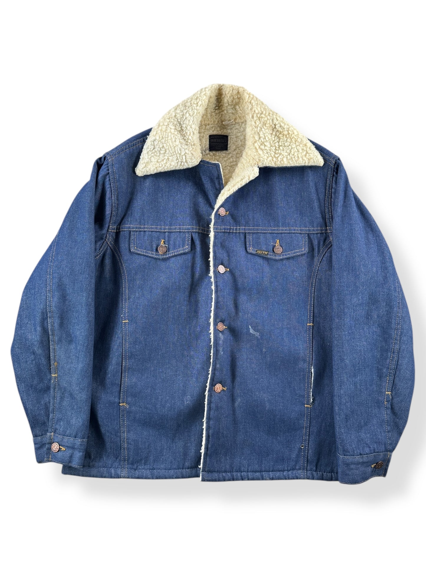 Front of Vintage Roebucks Raw Denim Shearling Jacket SZ 46 XL