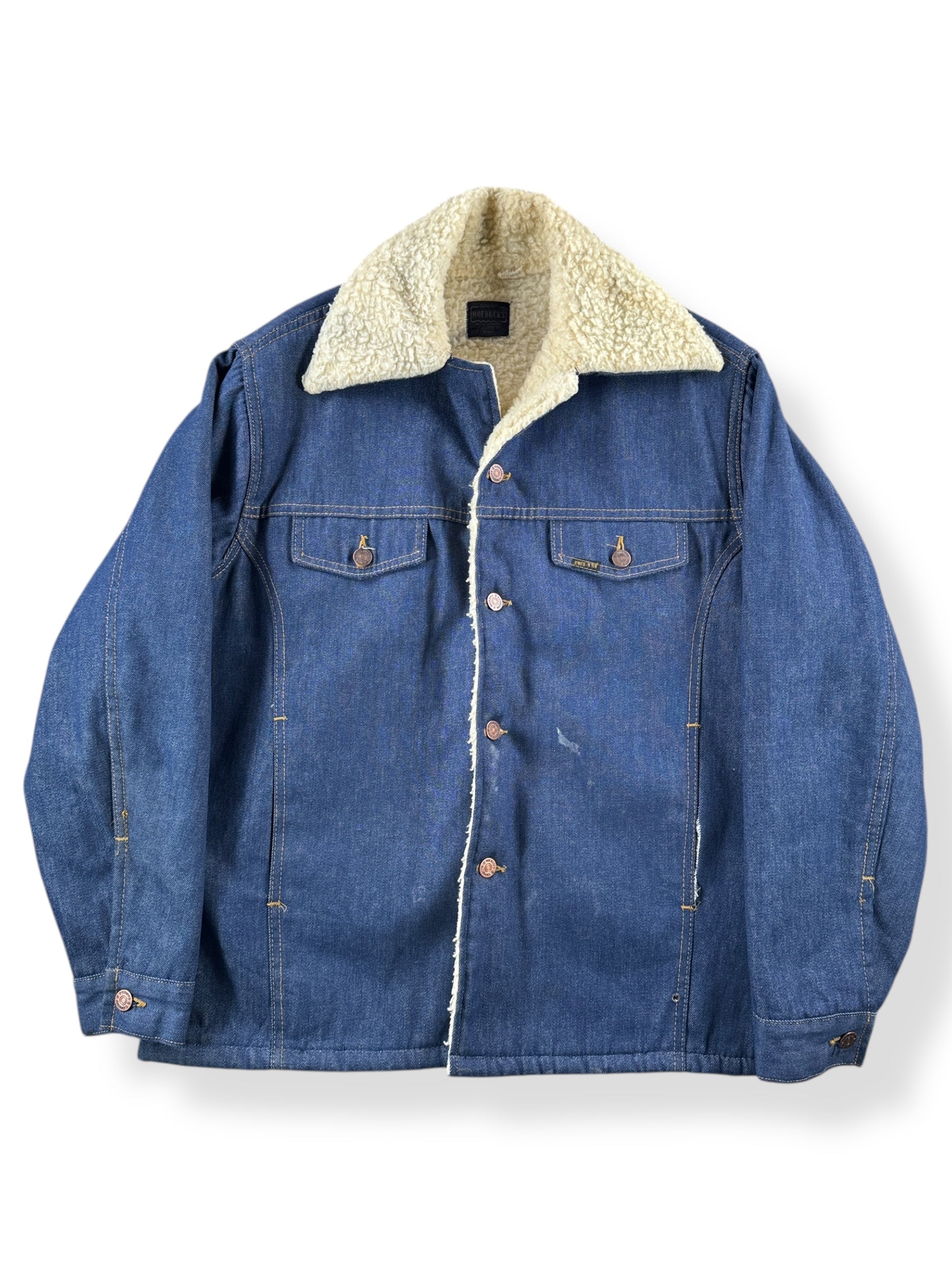 Front of Vintage Roebucks Raw Denim Shearling Jacket SZ 46 XL