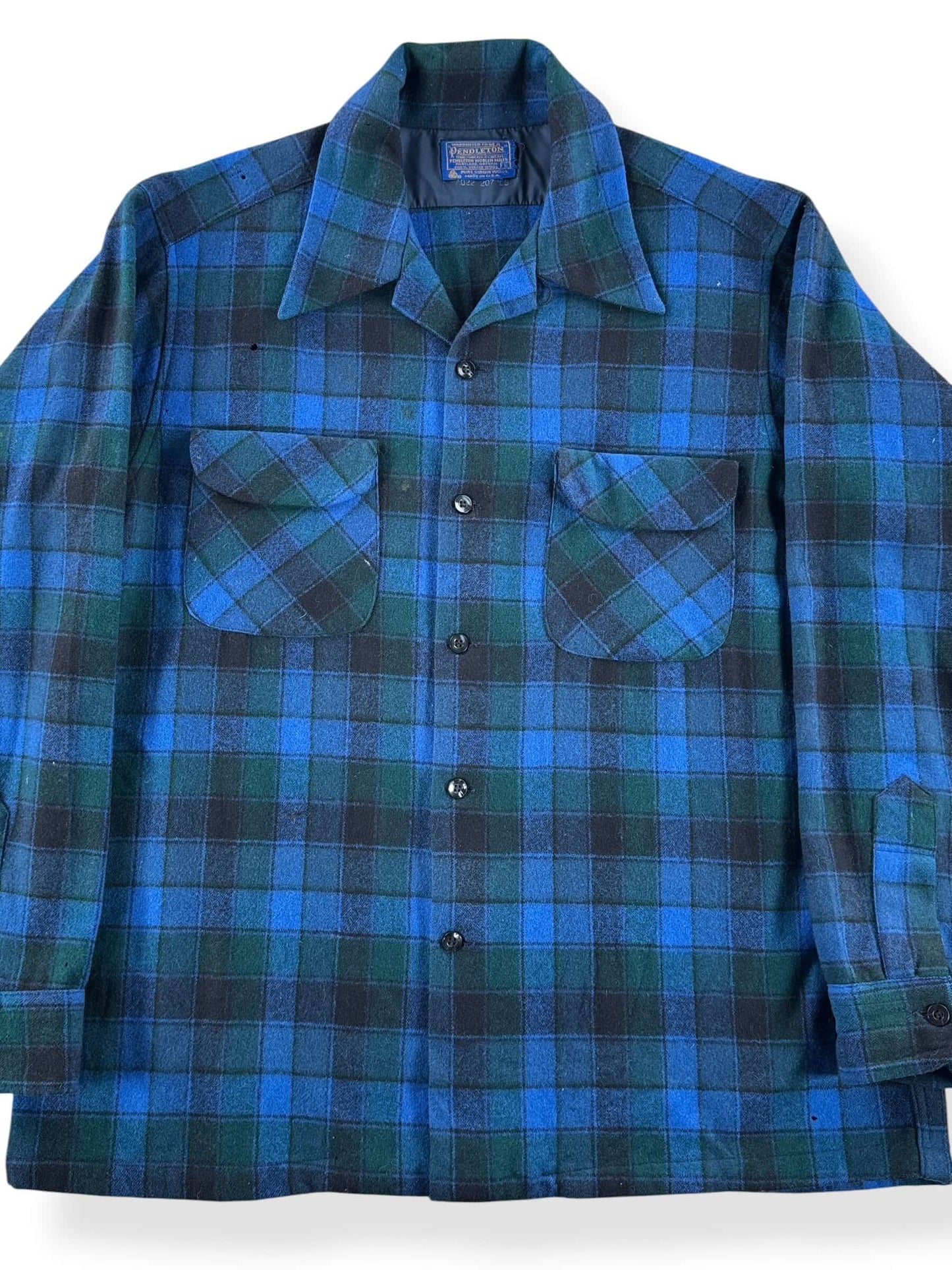 Front Close Up of Vintage Green & Blue Pendleton Board Shirt SZ L - AS IS