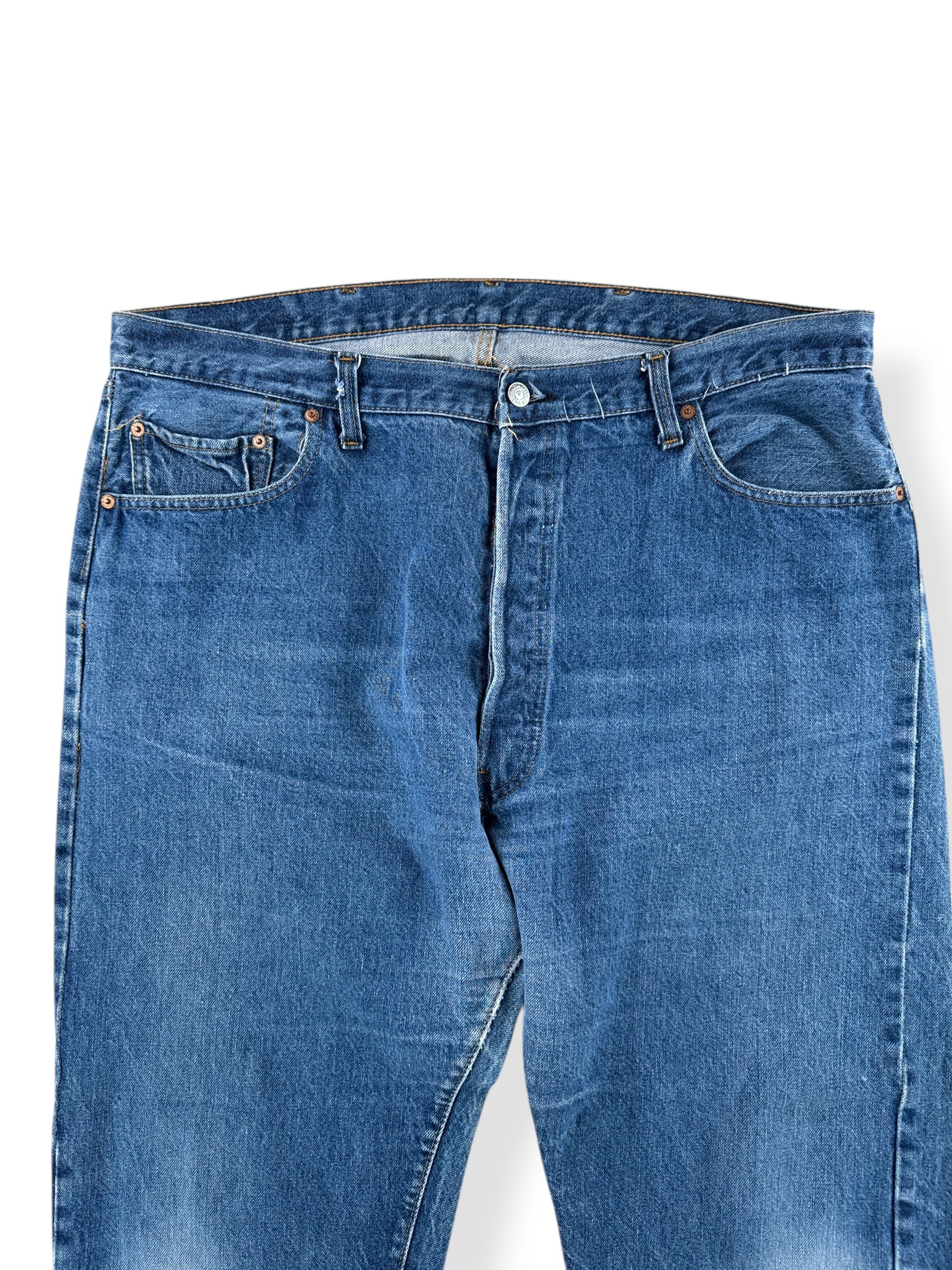 Front Close Up of Vintage Levis 501 Double Stitch Redlines Jeans W40