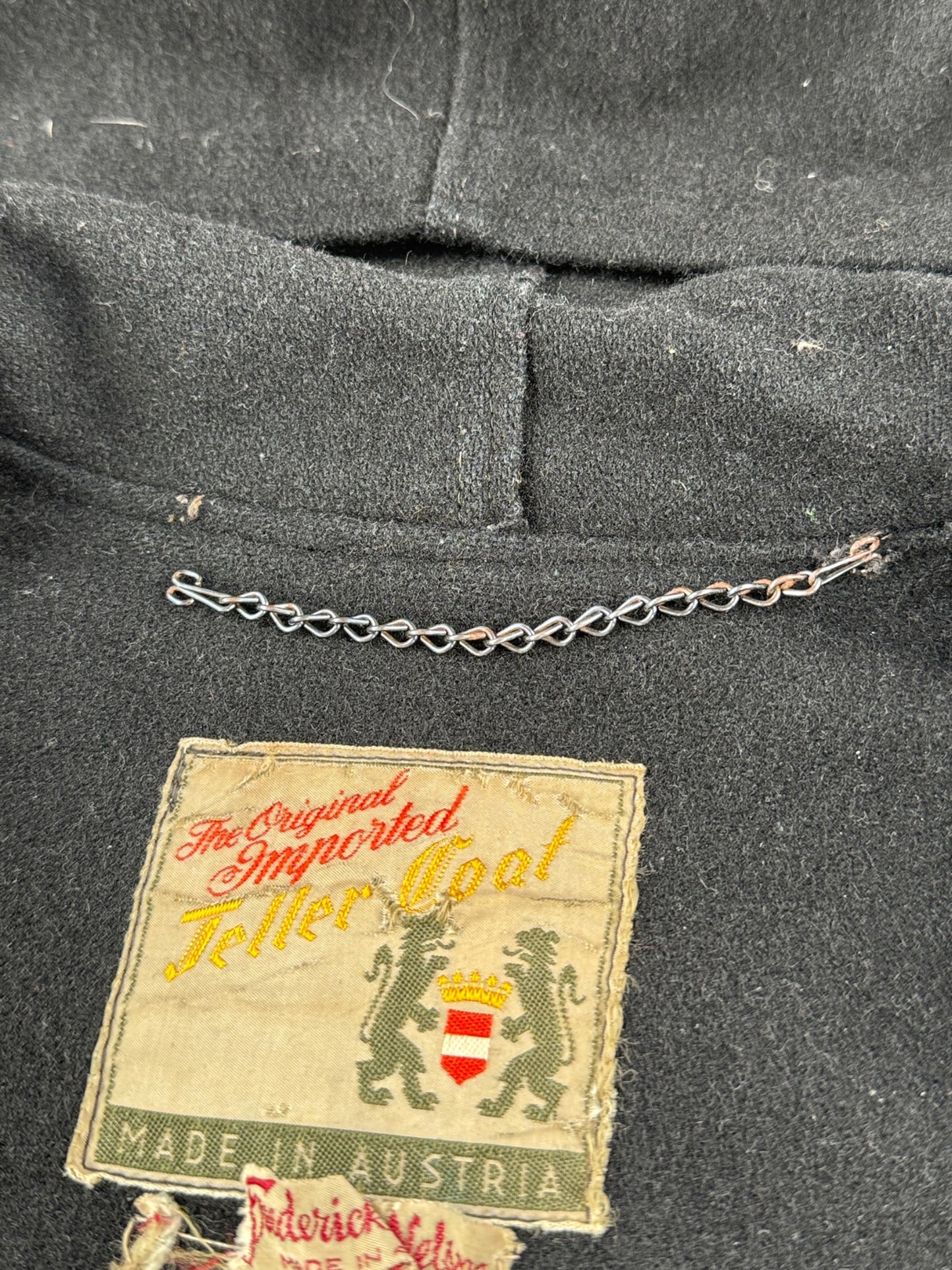 Tags on Vintage Frederick And Nelson Black Wool Toggle Front Coat SZ XL
