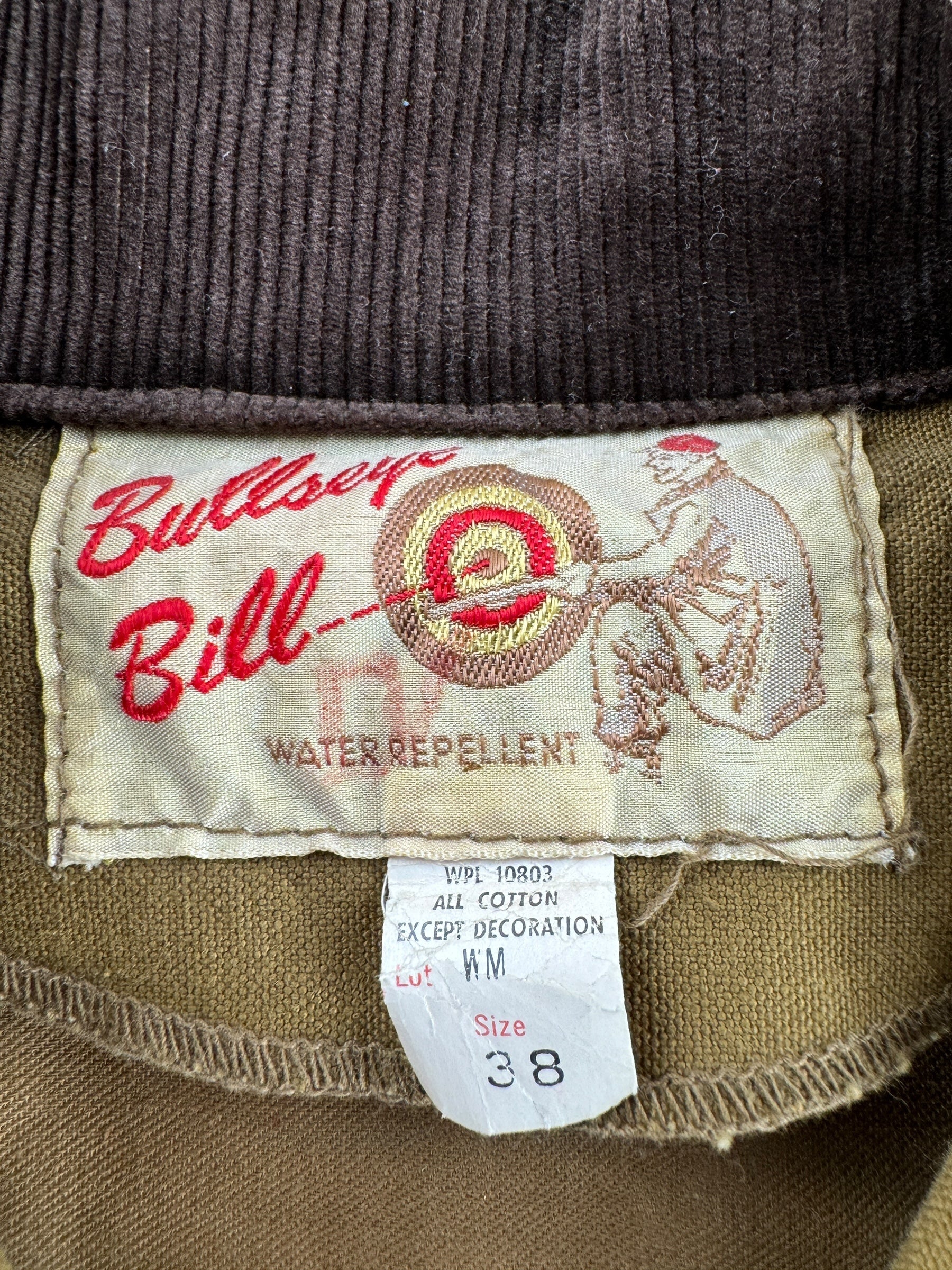 Tag on Vintage NOS Bullseye Bill Hunting Jacket SZ 38