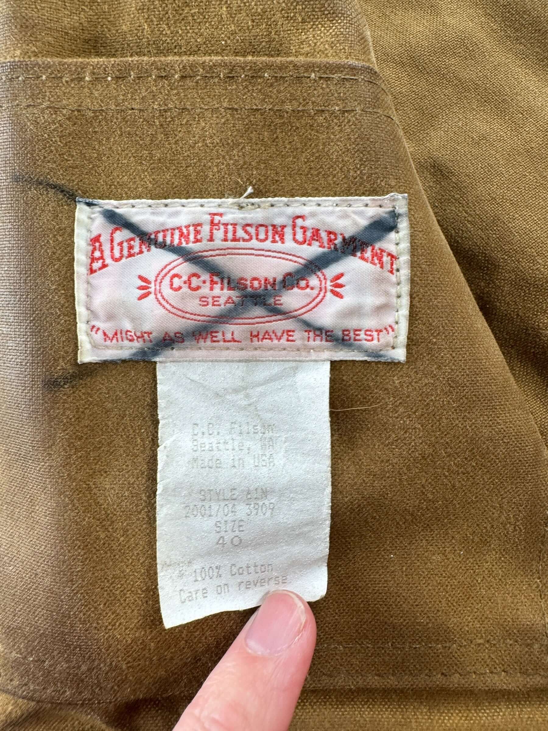 Label on Vintage Filson Tin Cloth Packer Coat SZ 40 AS IS