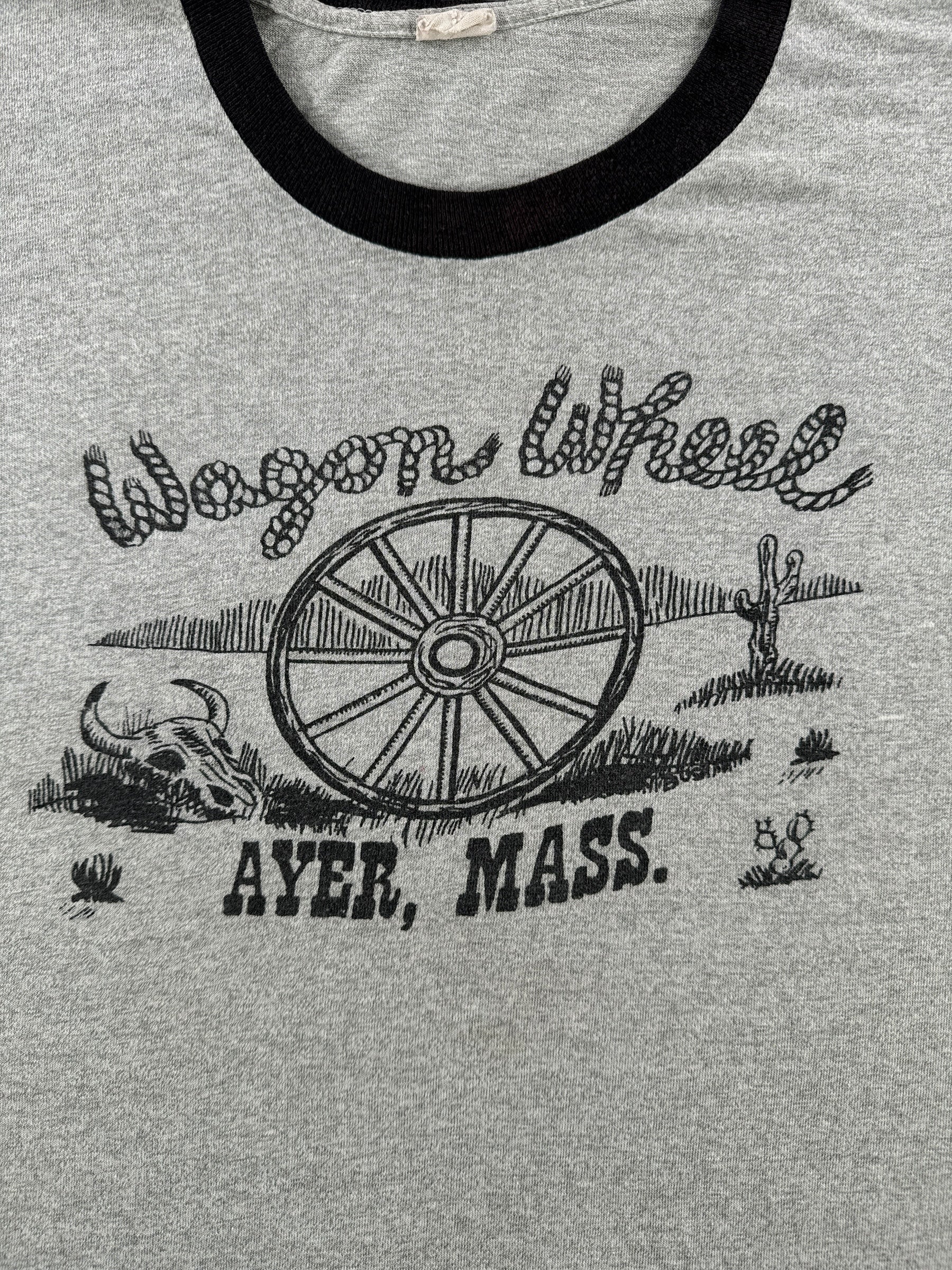 Front Graphic of Vintage Wagon Wheel Ayer MA Ringer Tee SZ M