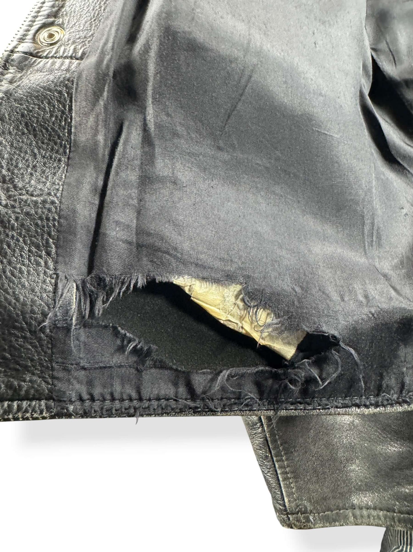 Trashed Lining on Vintage Black Cowhide Leather Coat SZ M