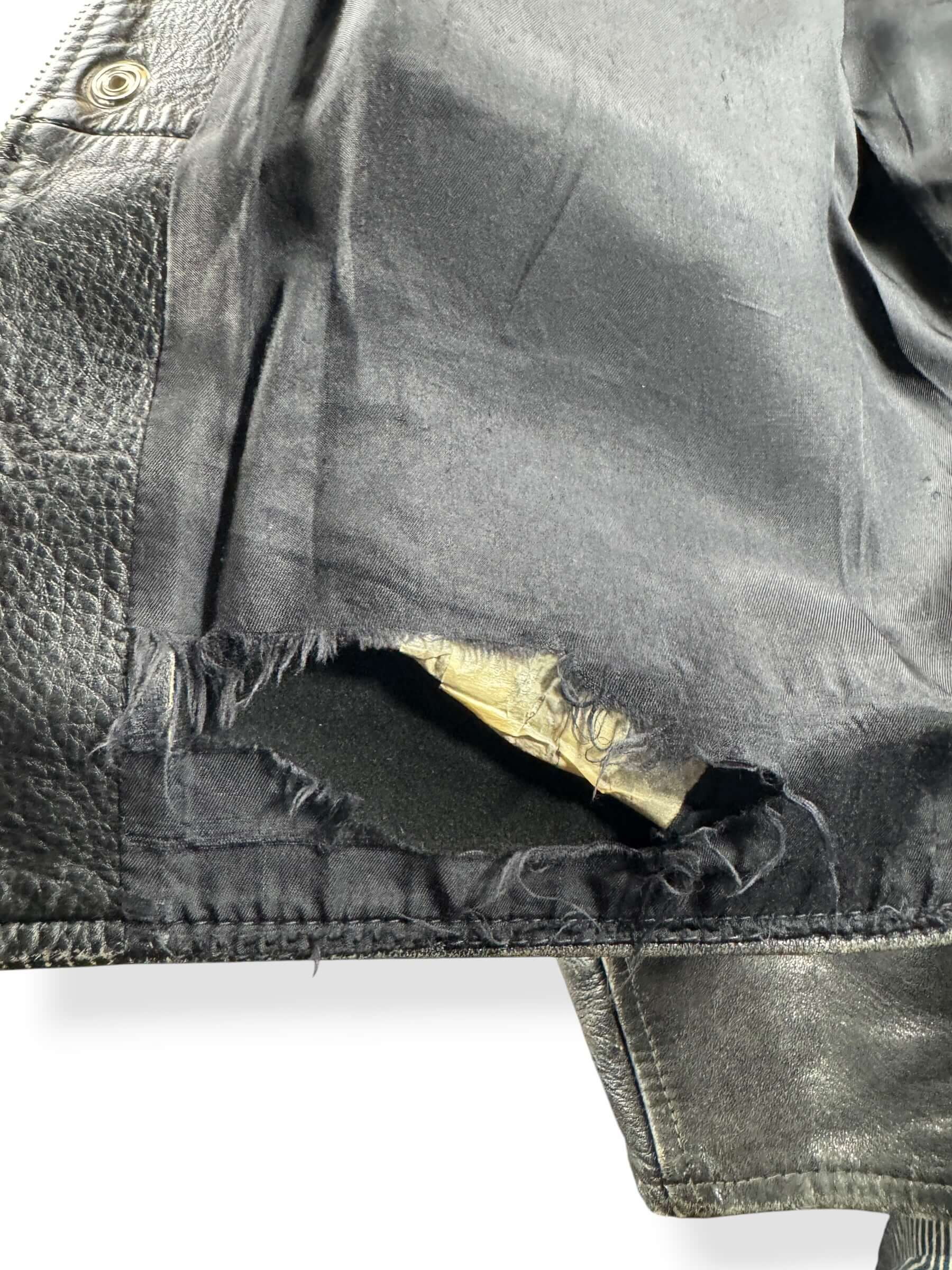 Trashed Lining on Vintage Black Cowhide Leather Coat SZ M