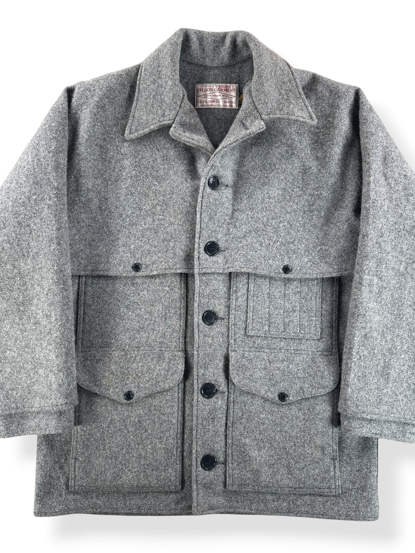 Front Close Up of Vintage 80s Era Filson Heather Grey Double Mackinaw SZ 44