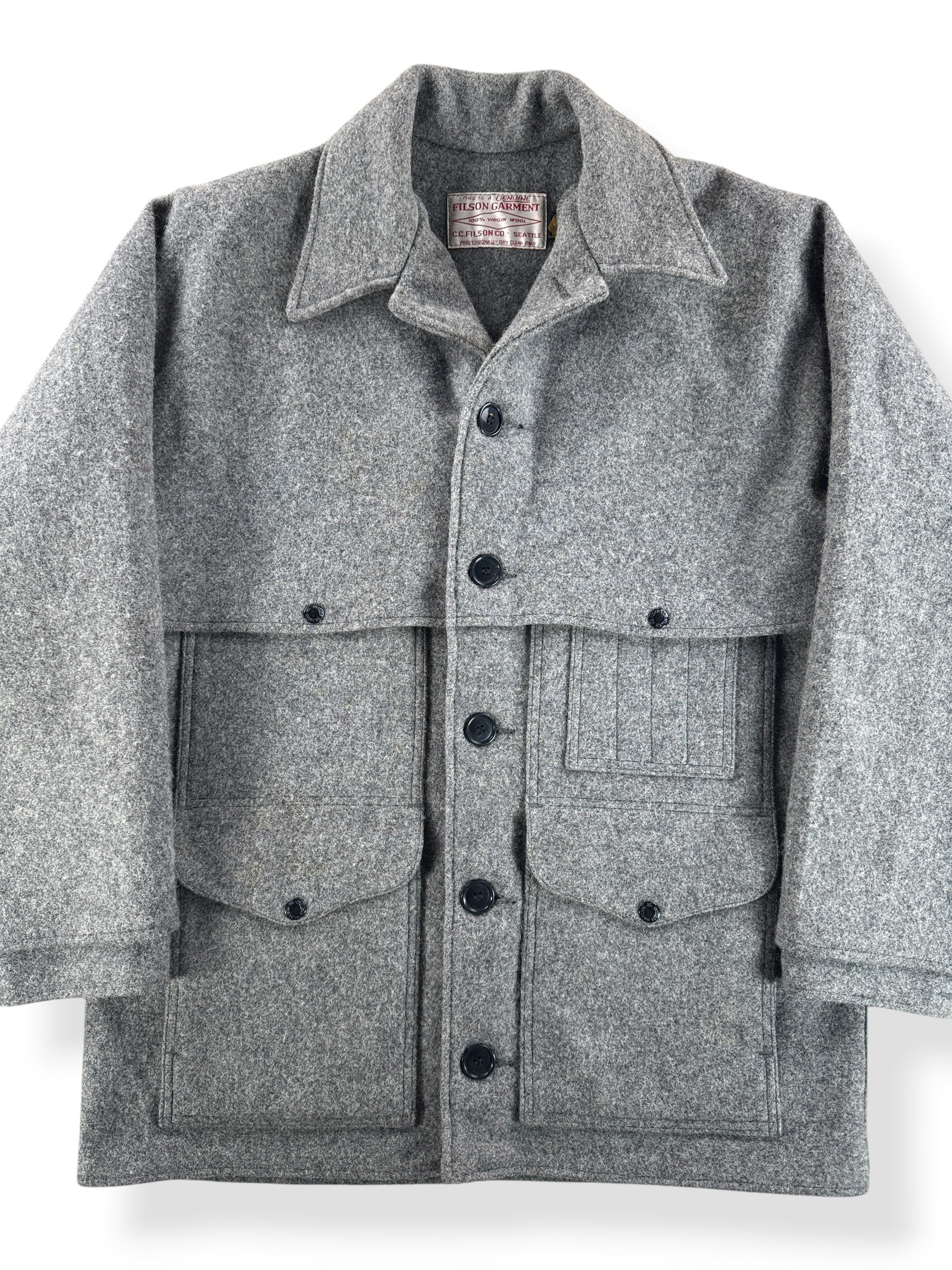 Front Close Up of Vintage 80s Era Filson Heather Grey Double Mackinaw SZ 44