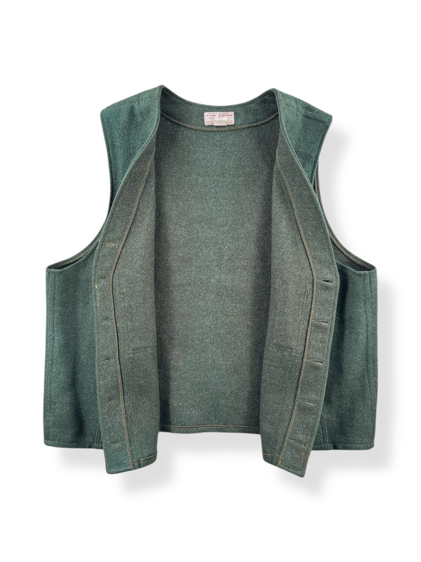 Inside of Vintage Filson Mackinaw Wool Green Vest SZ 54