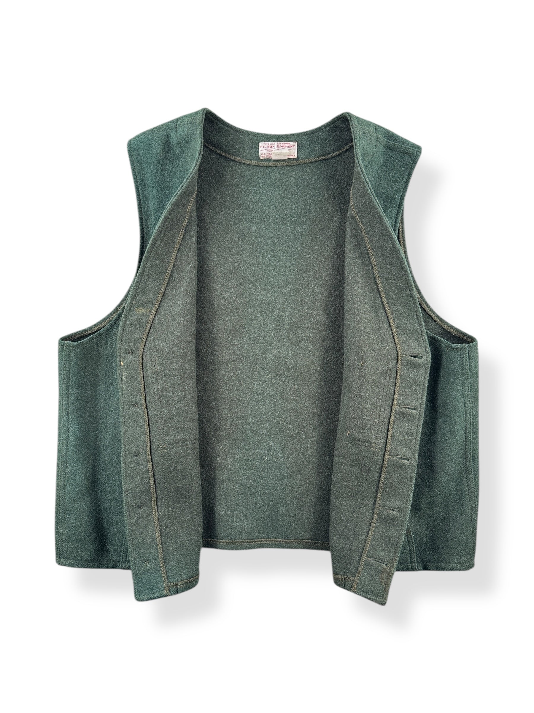 Inside of Vintage Filson Mackinaw Wool Green Vest SZ 54