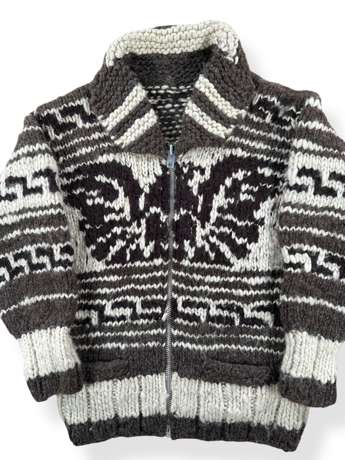 Front Close Up of Vintage Thunderbird Cowichan Sweater SZ M