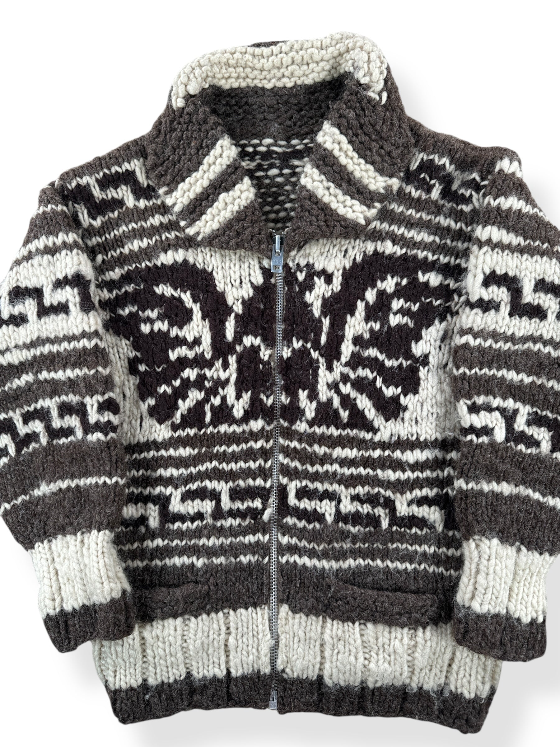 Front Close Up of Vintage Thunderbird Cowichan Sweater SZ M