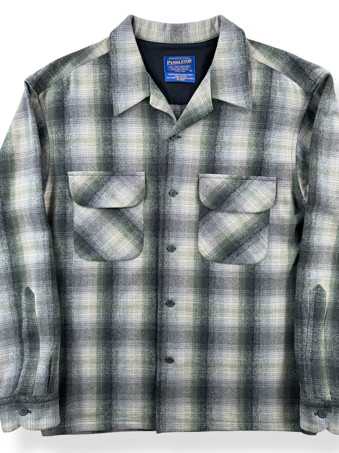 Front Close Up of Vintage Made in Mexico Pendleton Green & Grey Plaid Board Shirt SZ L