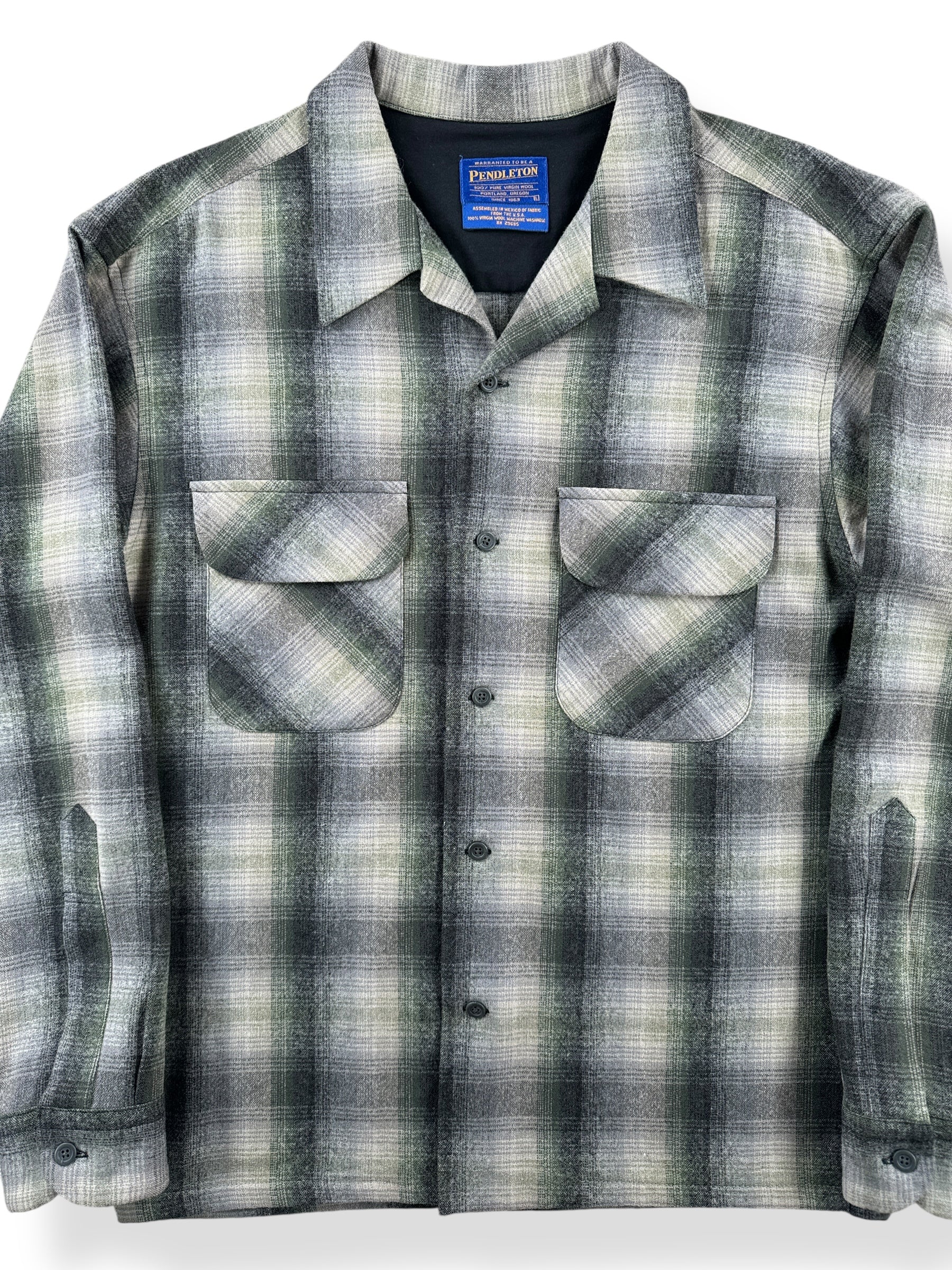 Front Close Up of Vintage Made in Mexico Pendleton Green & Grey Plaid Board Shirt SZ L