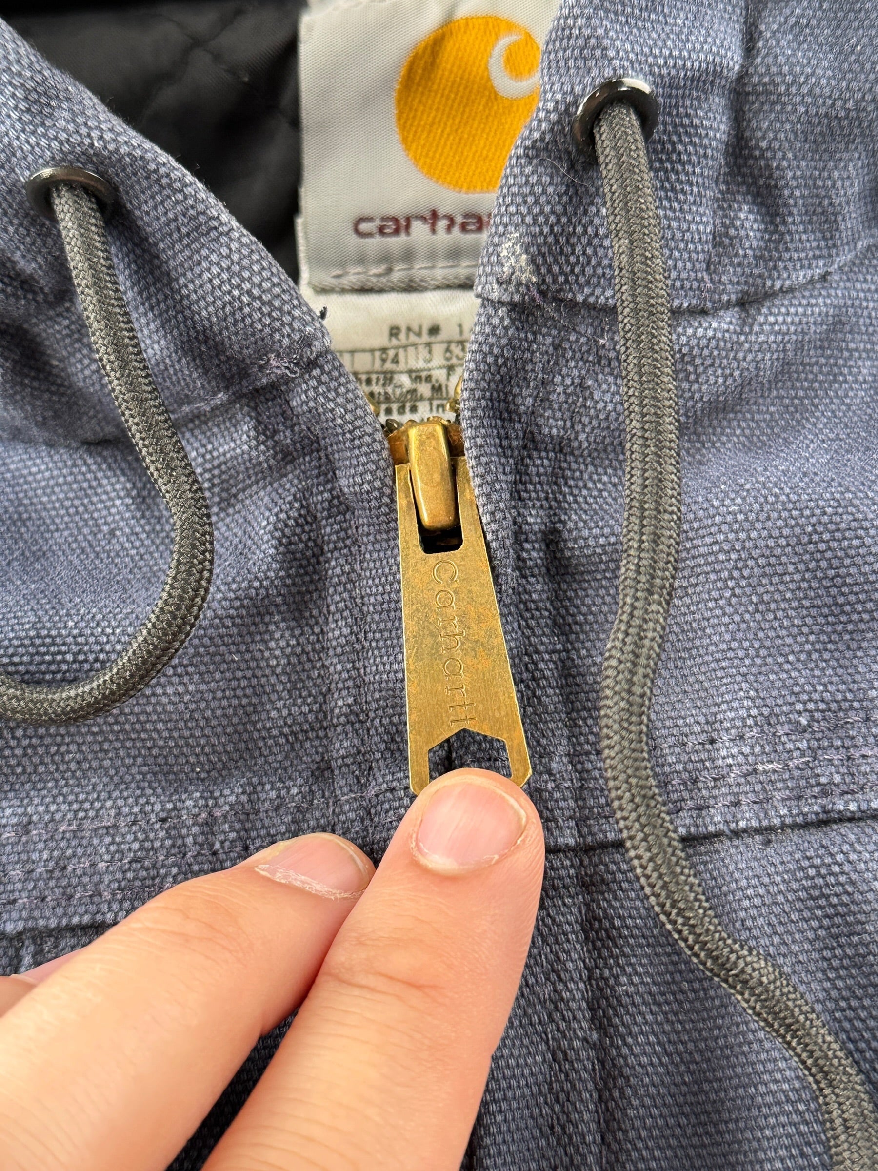 Zipper on Carhartt Navy Blue Hooded Jacket SZ M