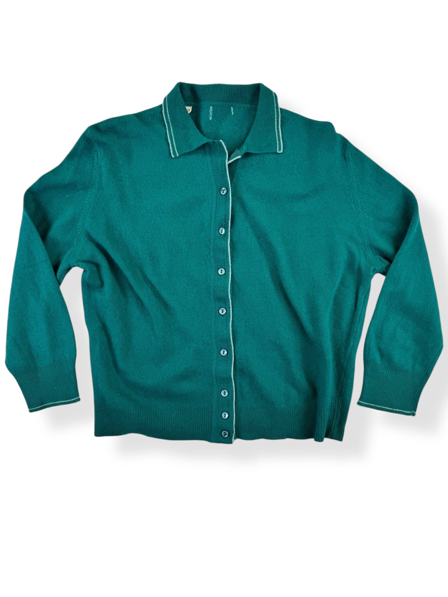 Front view of 1950s Green Cashmere Collared Cardigan M