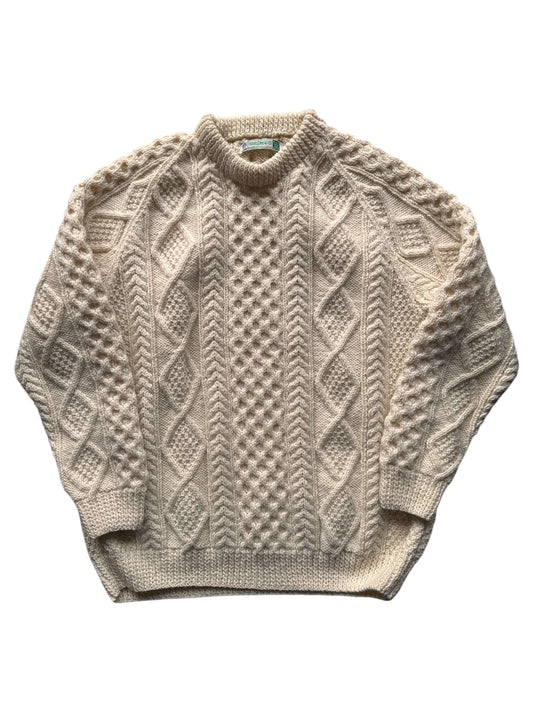 Front of Vintage Irisfree Cream Irish Cable Knit Fishermans Sweater SZ XL