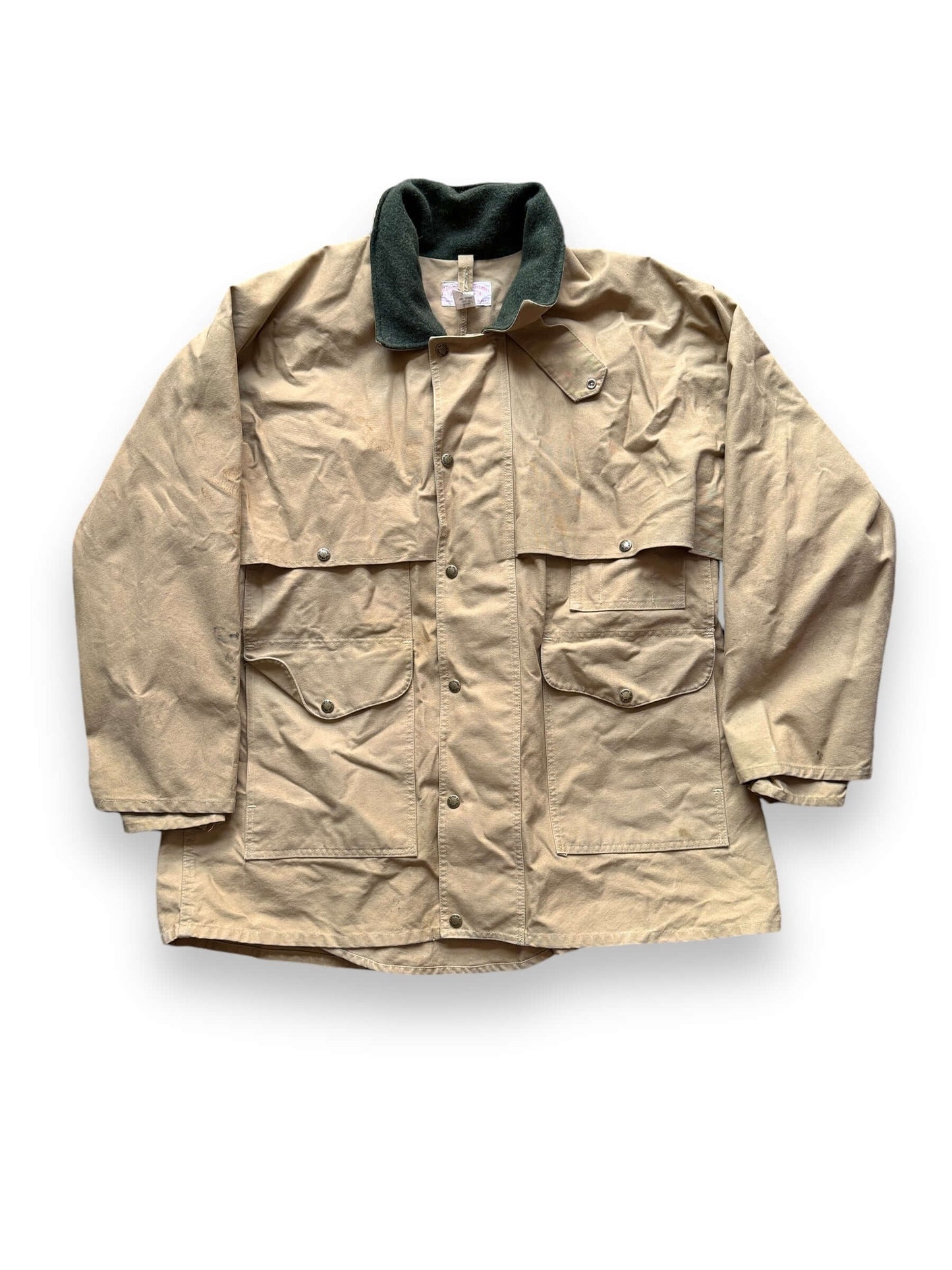 Front View of Filson Dry Tin Cloth Chinstrap Packer Coat SZ 46