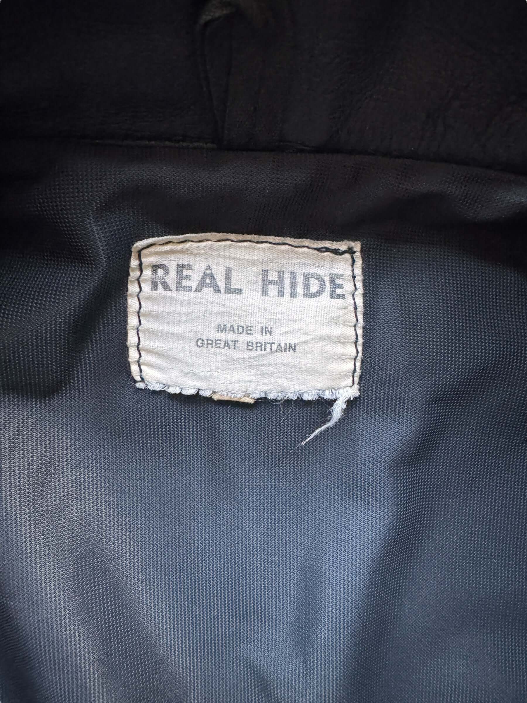 Real Hide Tag View of Vintage Great Britain Real Hide Leather Jacket SZ 44