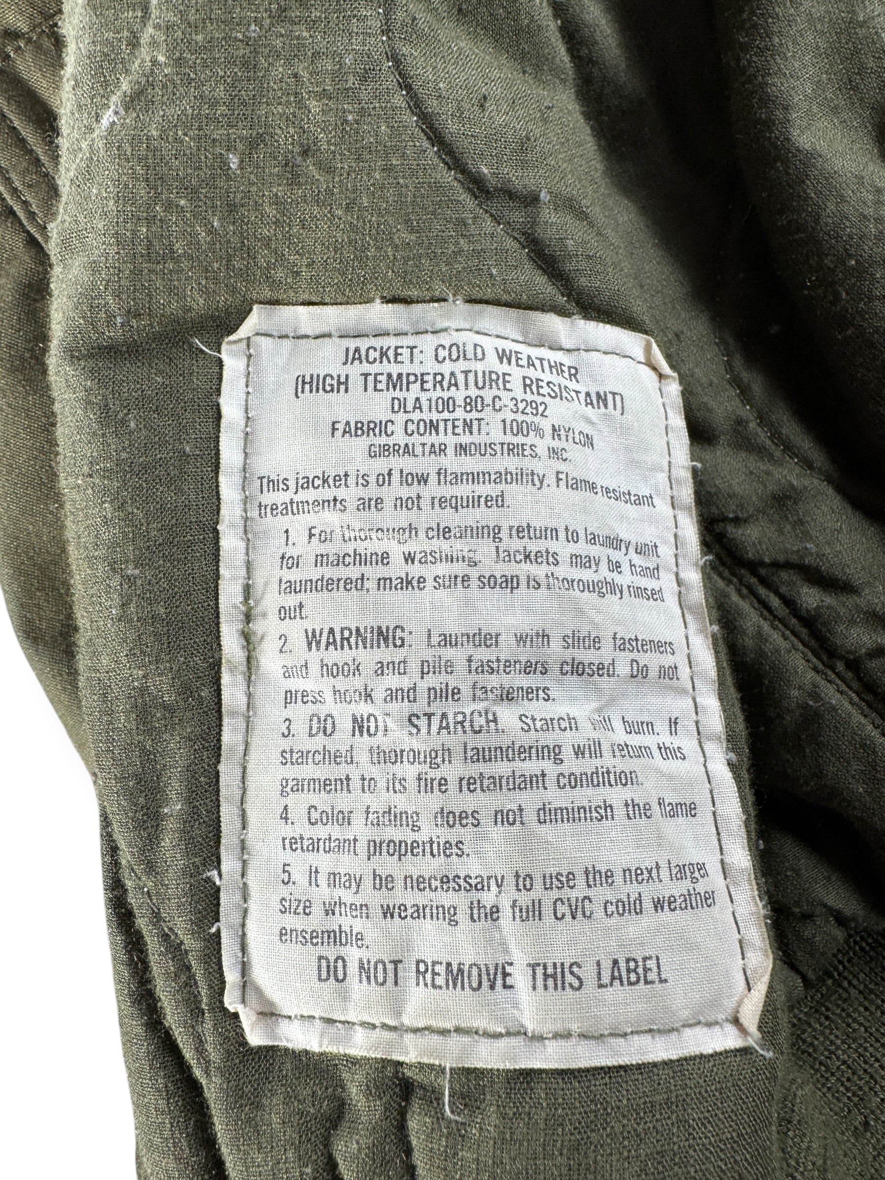 Label on Vintage 80s Military Cold Weather Bomber Jacket SZ L (Fits M)
