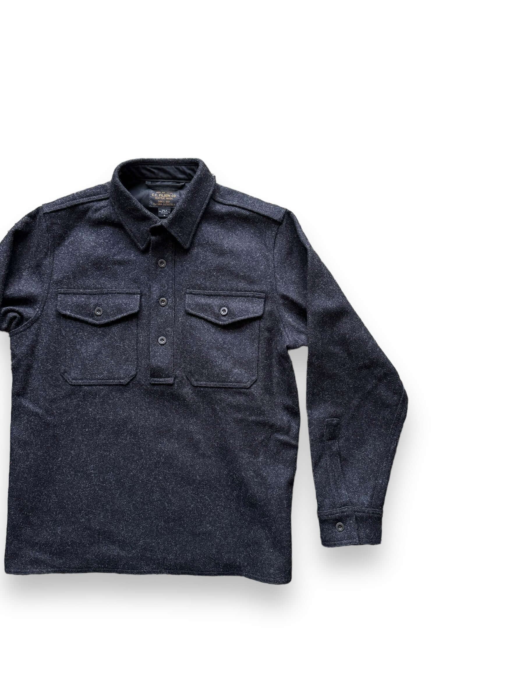 front left of Filson Black Wool Pullover Shirt SZ M