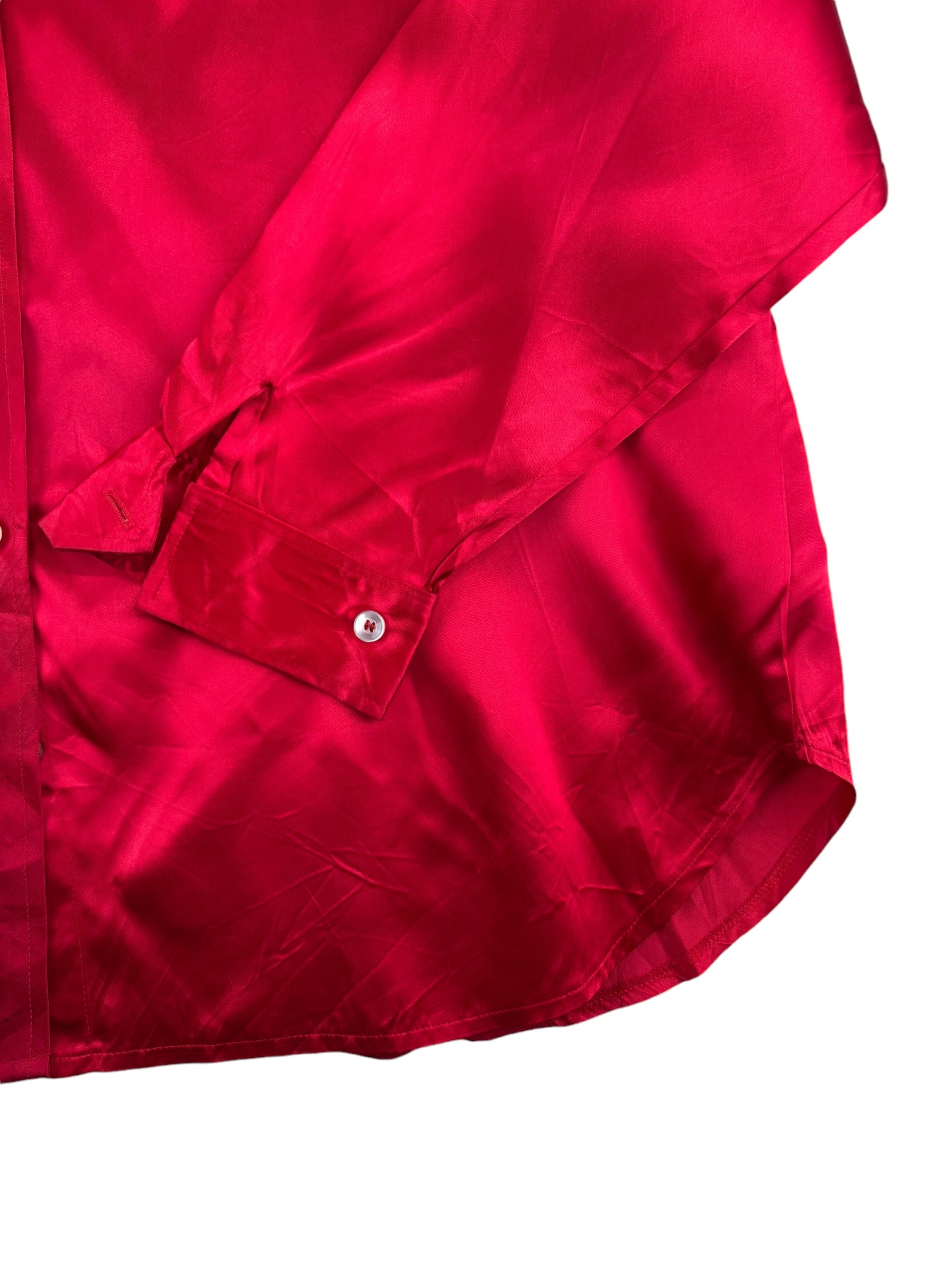 Front bottom left of 1980s Red and Black Satin Western Pearl Snap Shirt XL
