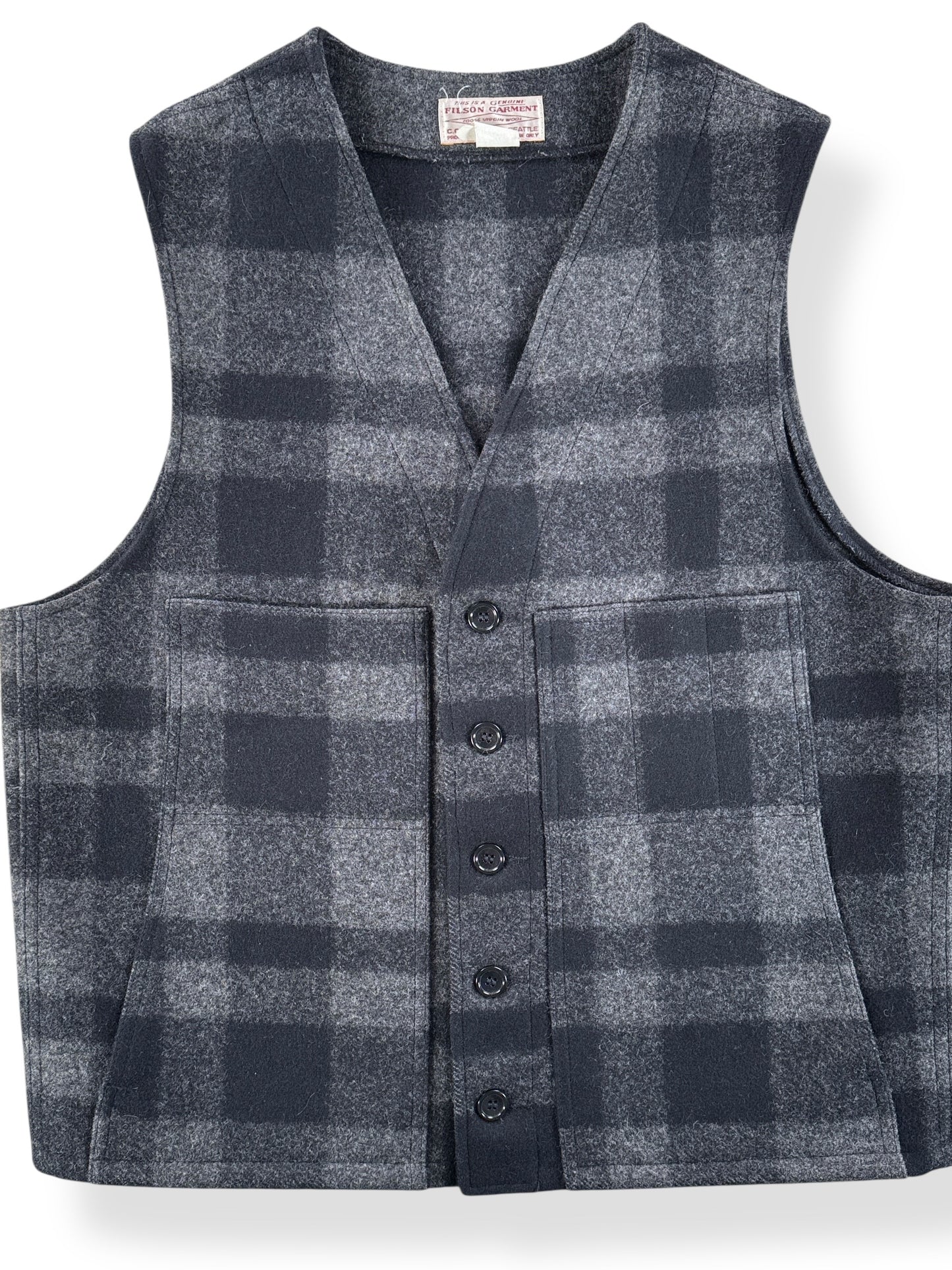 Front Close Up of Vintage Filson Black & Grey Style 20 Wool Vest SZ 44