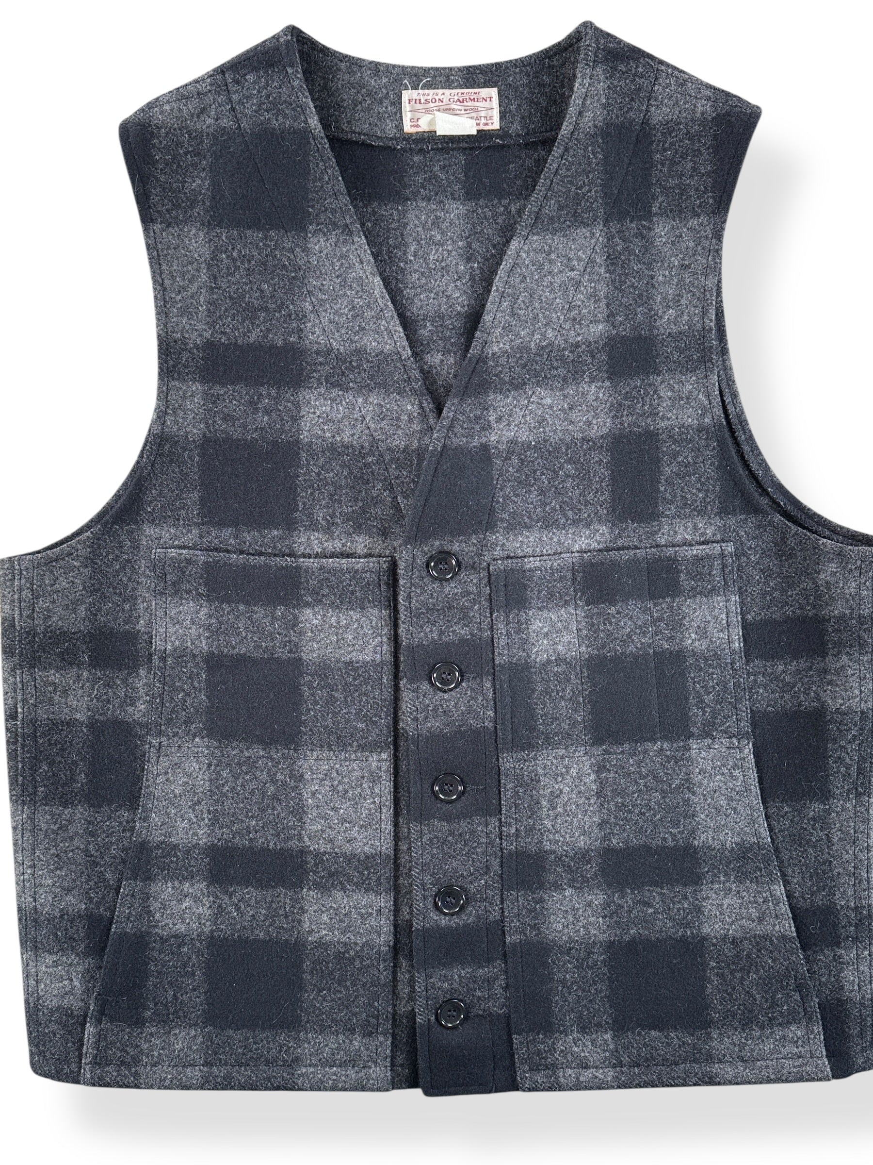 Front Close Up of Vintage Filson Black & Grey Style 20 Wool Vest SZ 44