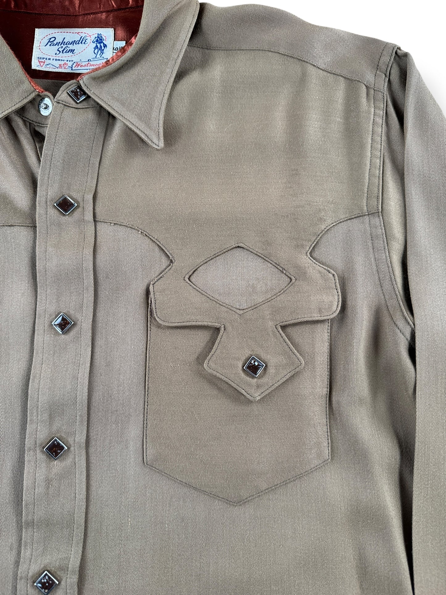Pocket Design on Vintage Rayon Gabardine Panhandle Slim Pearl Snap SZ L