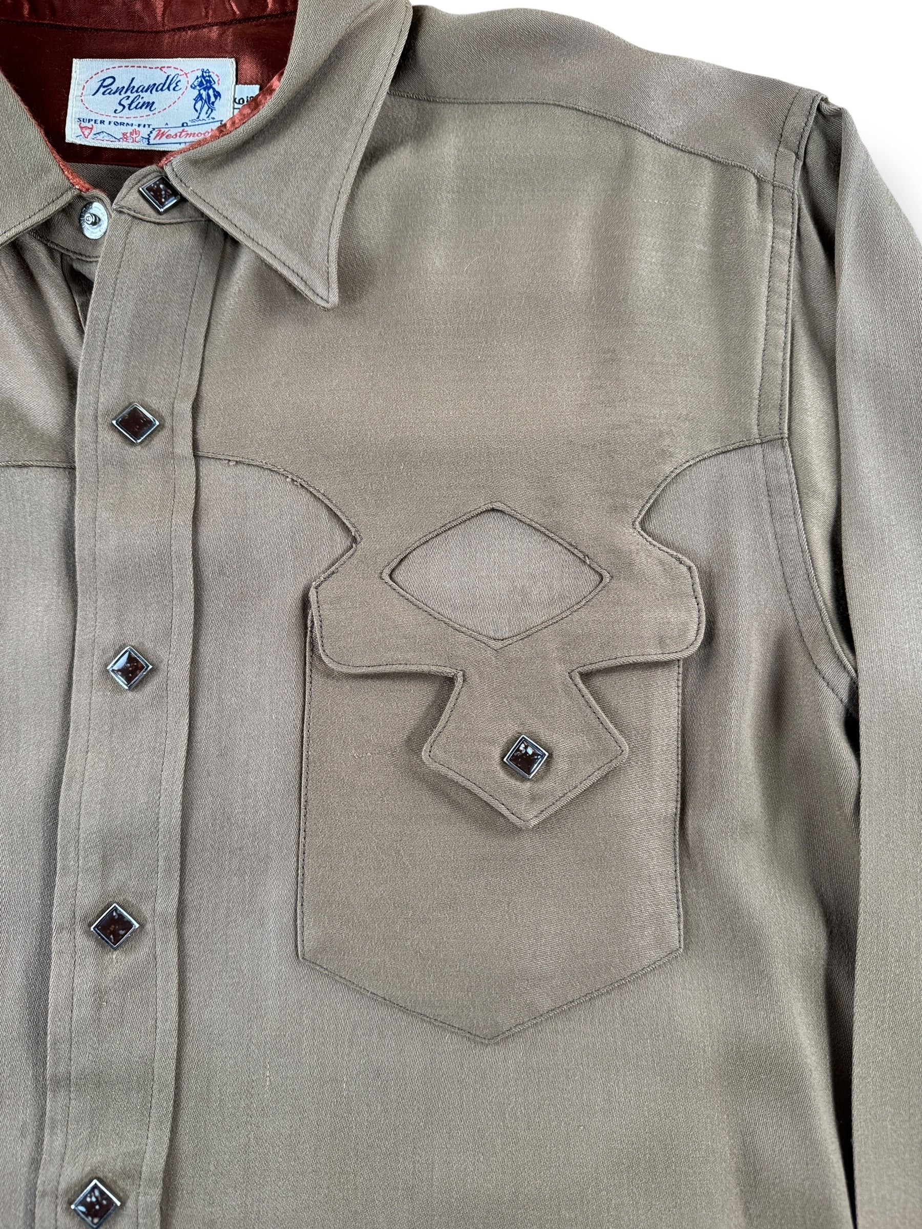 Pocket Design on Vintage Rayon Gabardine Panhandle Slim Pearl Snap SZ L