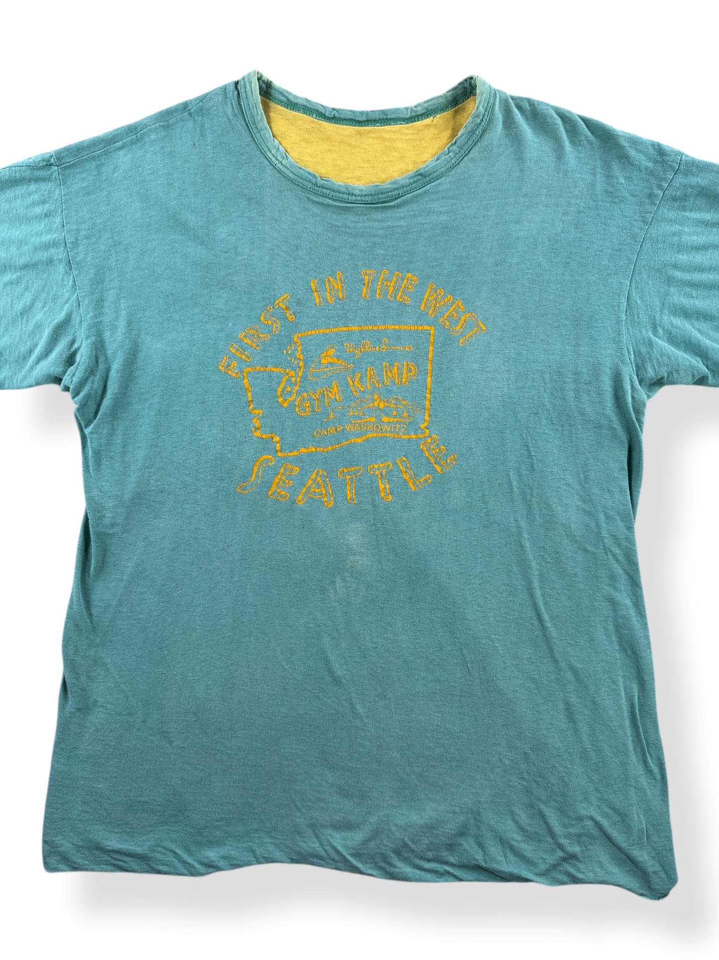 Front Close Up of Vintage 60s Reversible Faded Seattle Summer Camp Tee SZ L