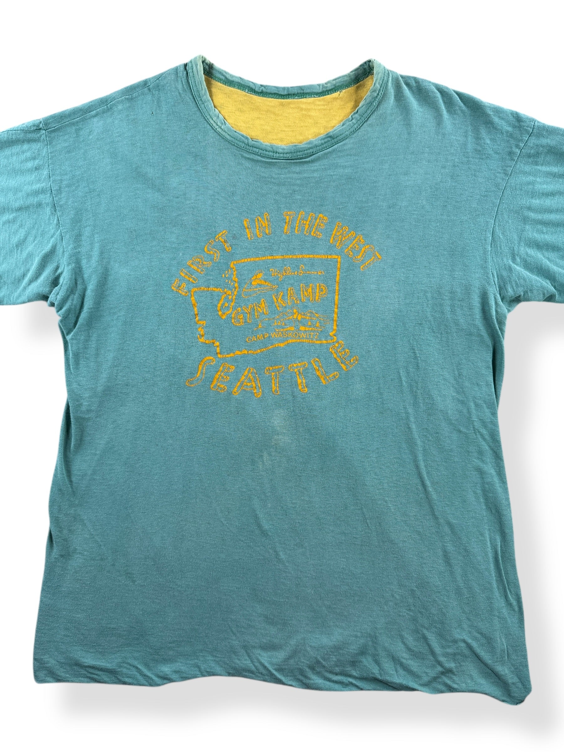 Front Close Up of Vintage 60s Reversible Faded Seattle Summer Camp Tee SZ L