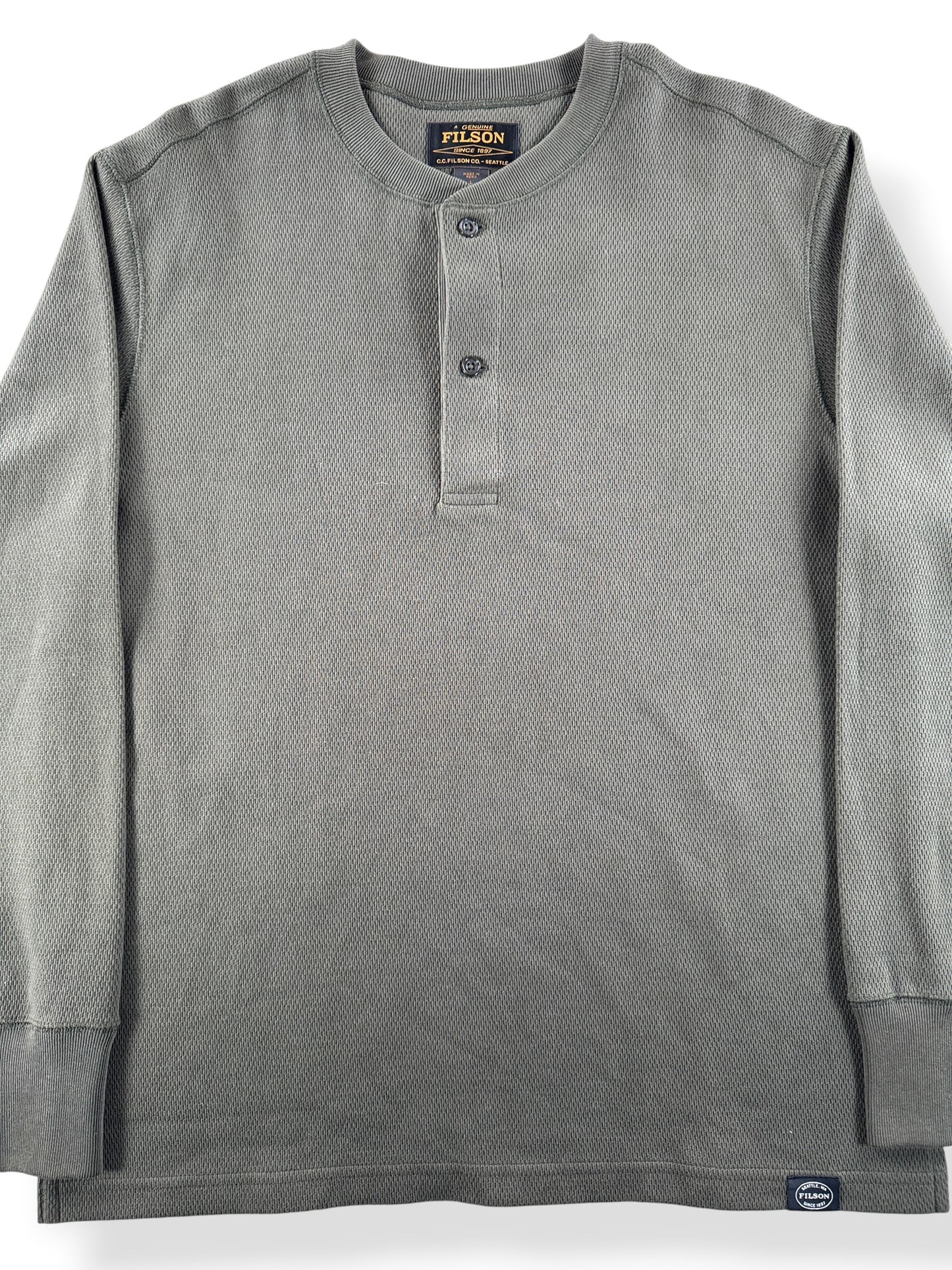 Front Close Up of Filson Mossy Rock Waffle Knit Henley SZ L