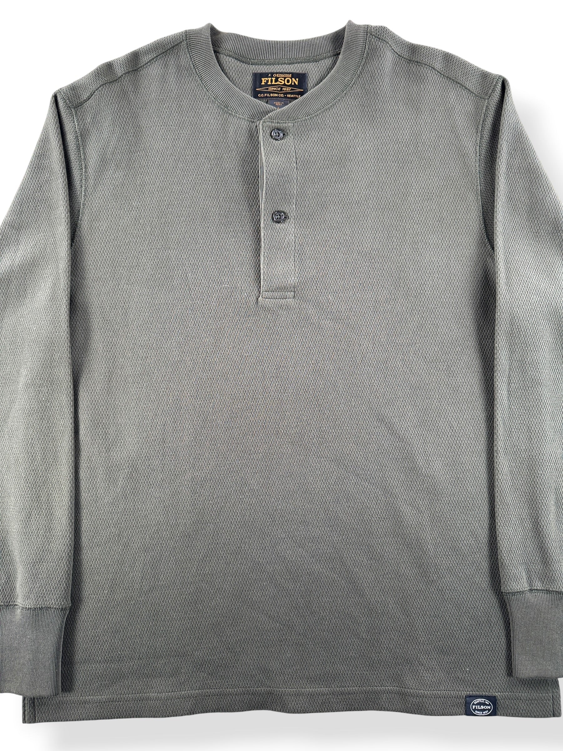 Front Close Up of Filson Mossy Rock Waffle Knit Henley SZ L