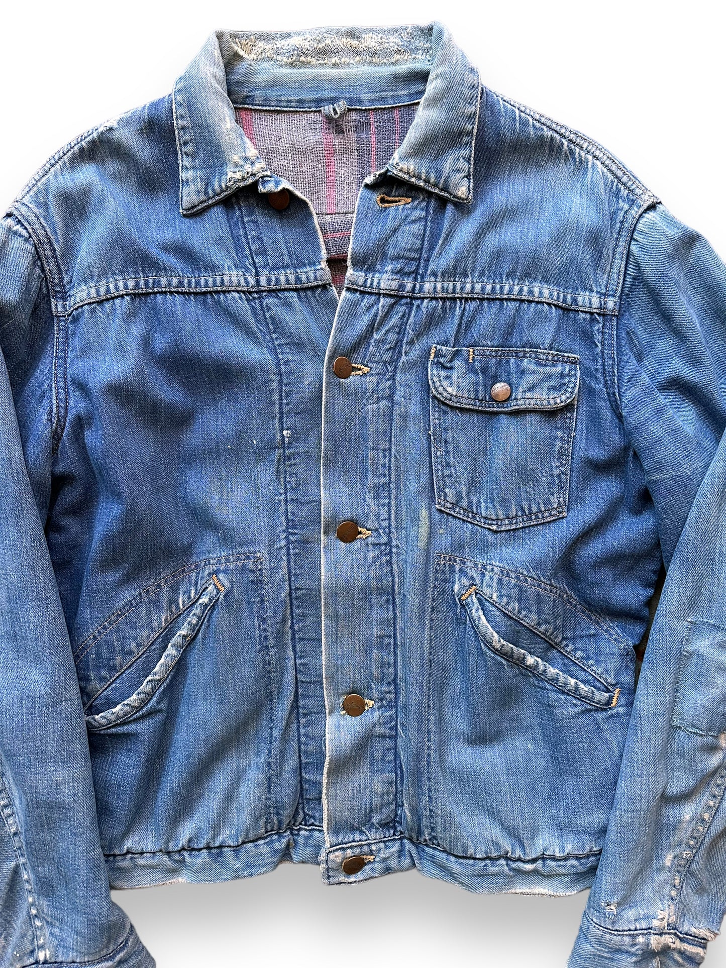 Front Detail on Vintage Blanket Lined Wrangler Denim Jacket MJL SZ 42 | Vintage Denim Jacket Seattle | Barn Owl Seattle