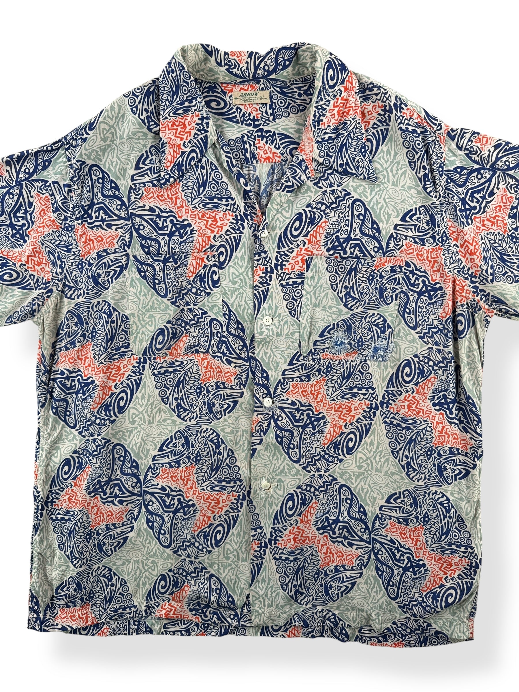 Front Close Up of Vintage Repaired Arrow Sanforset Rayon Aloha Shirt SZ L