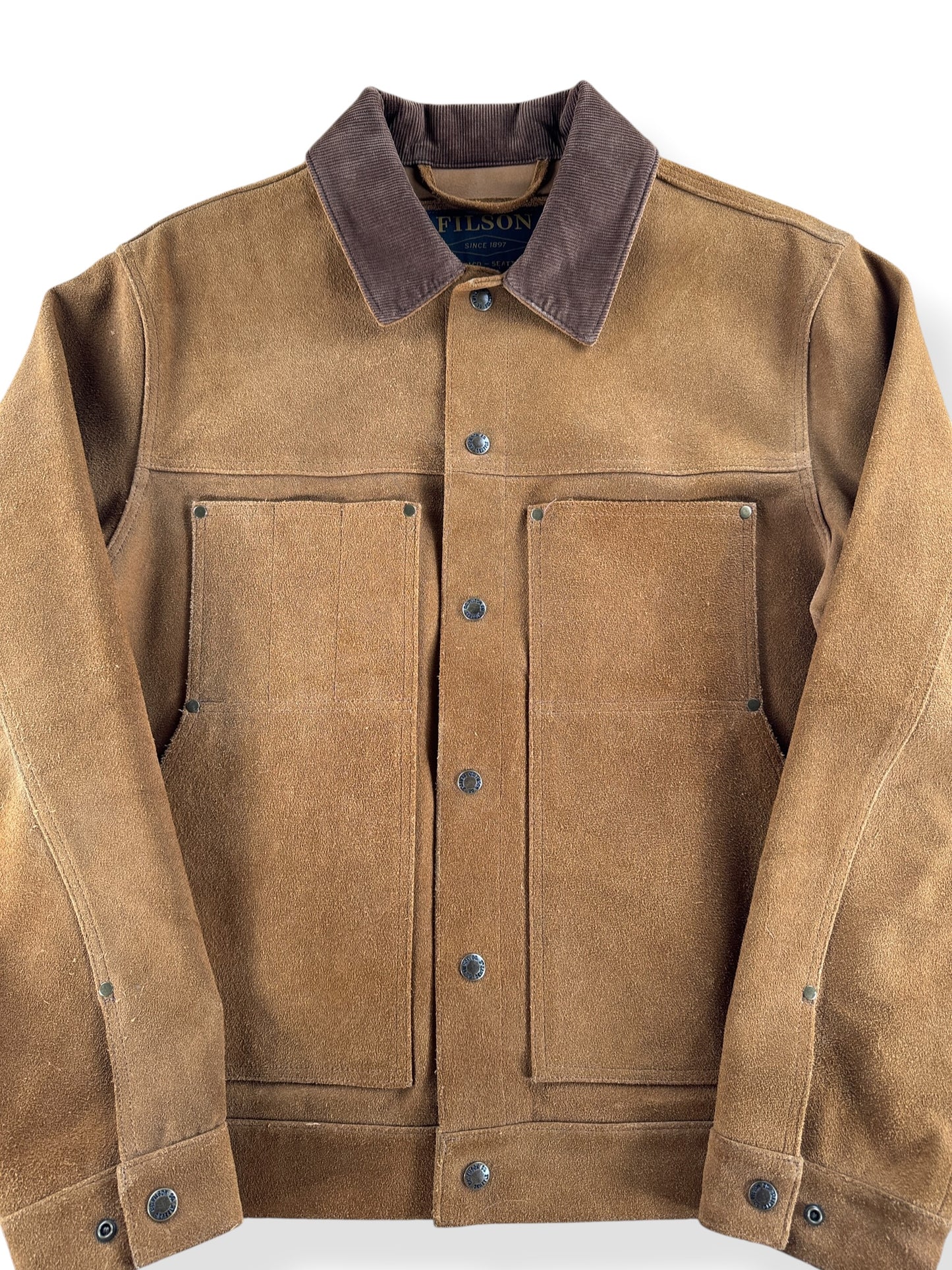 Close-up of Filson Dark Tan Roughout Leather Short Cruiser SZ M