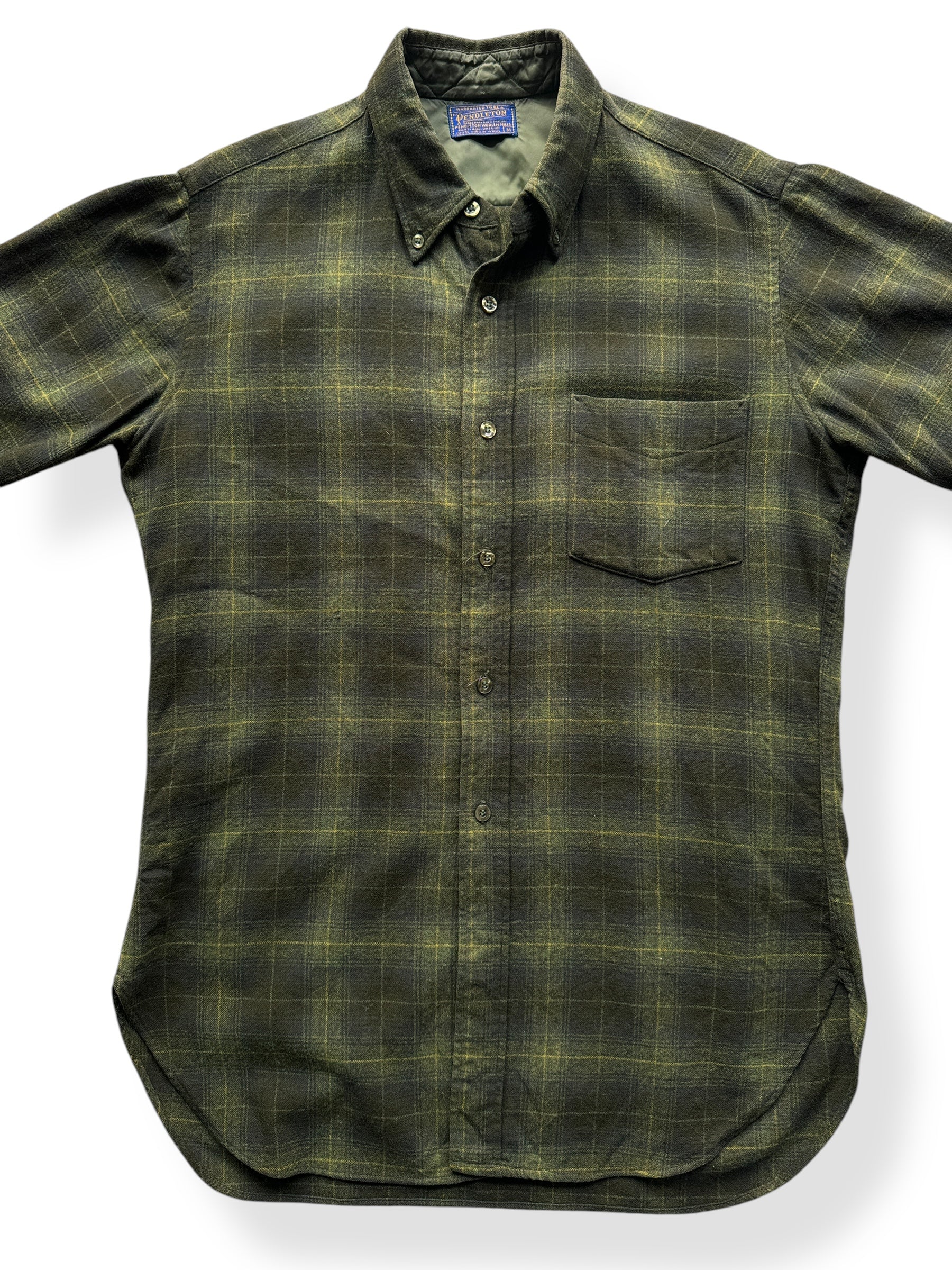 Front Close Up of 50s Green Plaid Pendleton Short Sleeve SZ M