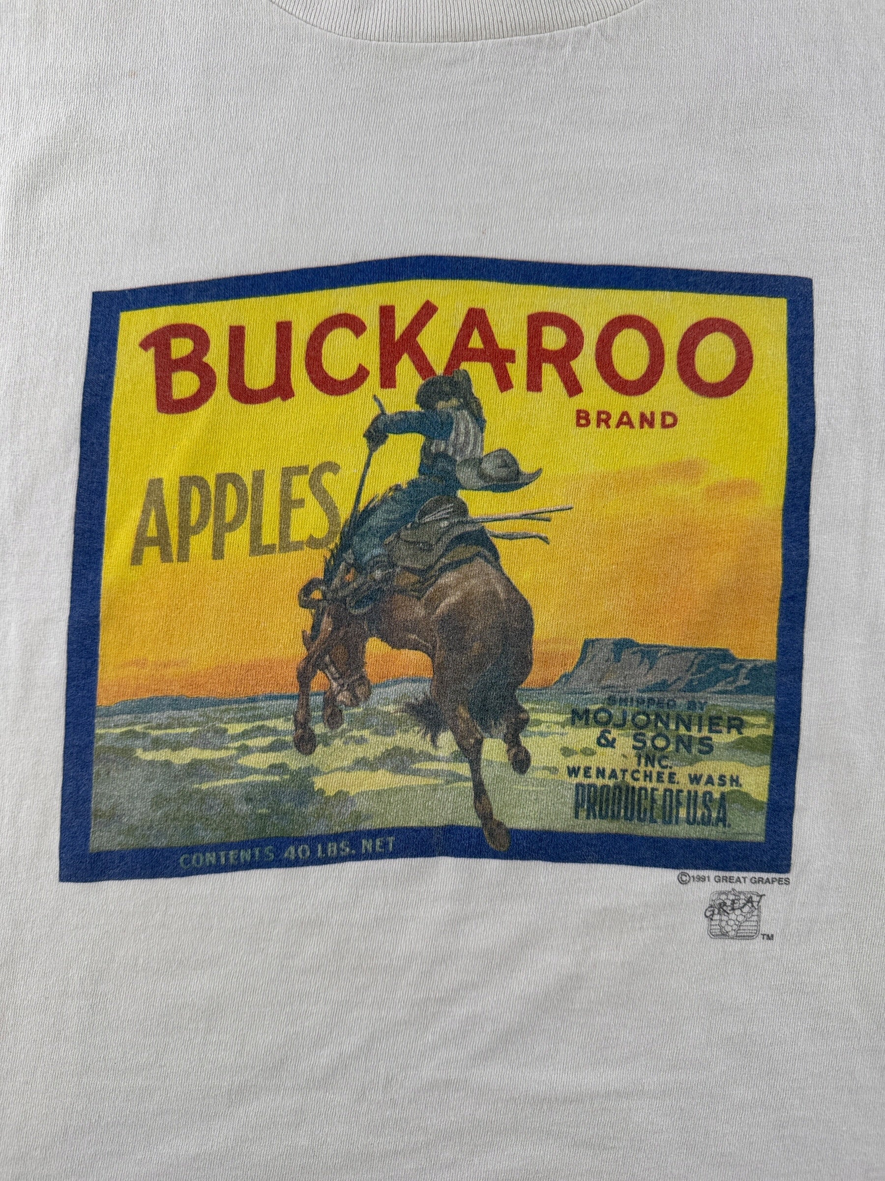 Front graphic on Vintage Buckaroo Brand Apples Cowboy Tee SZ XL