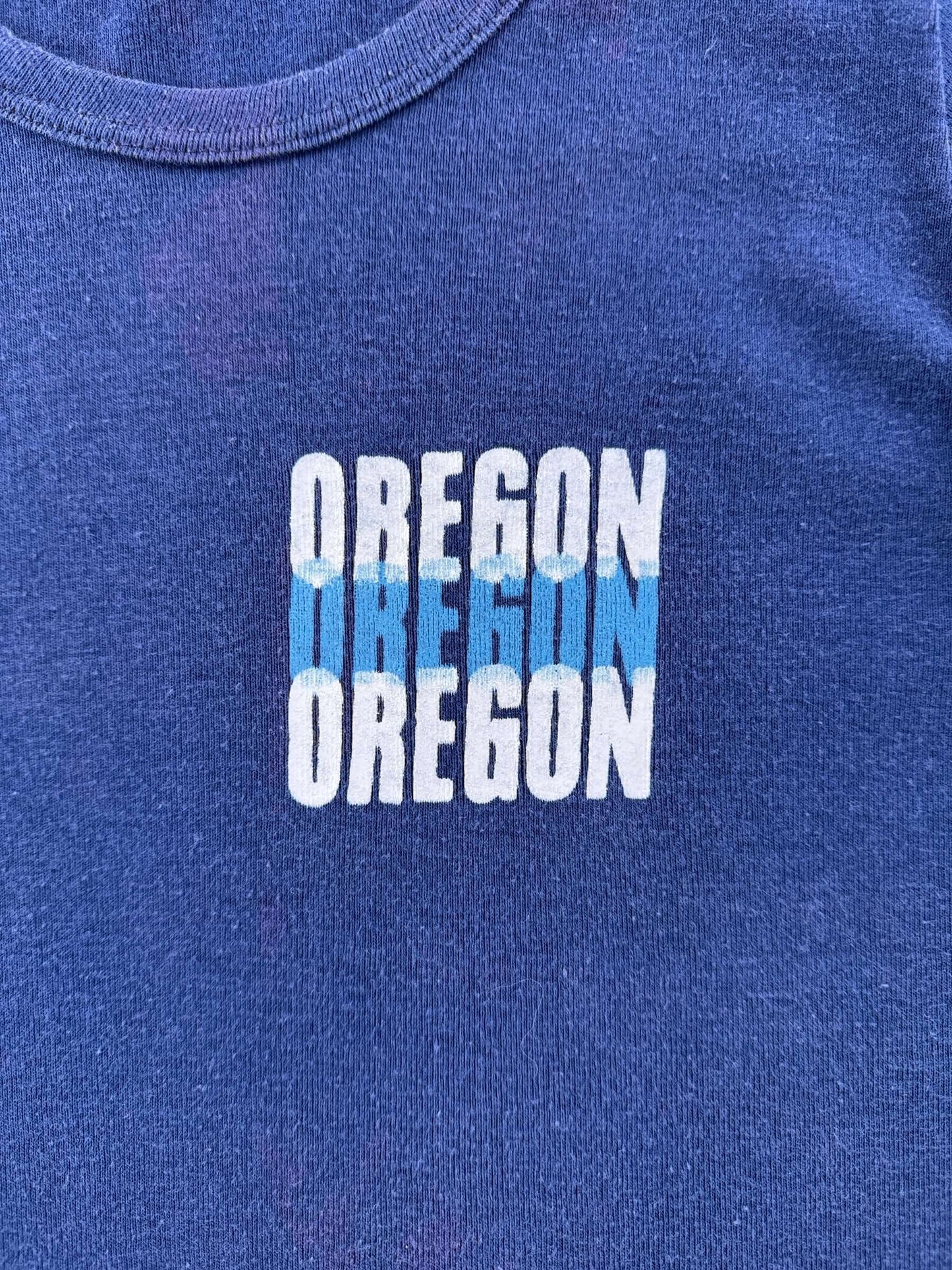 Oregon Graphic on front of Vintage Champion Blue Bar Oregon Tee SZ M (Fits XXS)