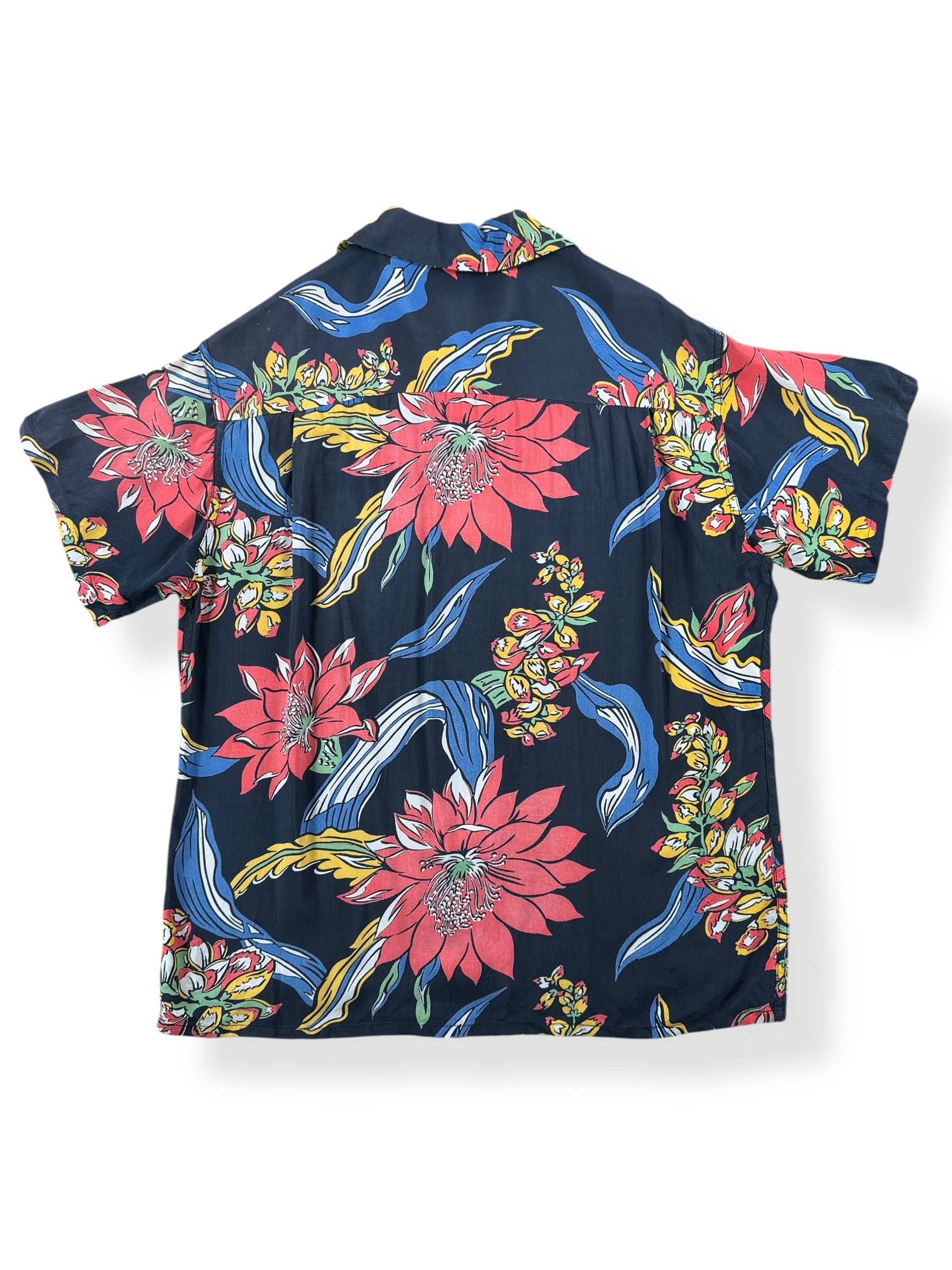 Back of Vintage Blue Made in California Aloha Floral Print Shirt SZ M