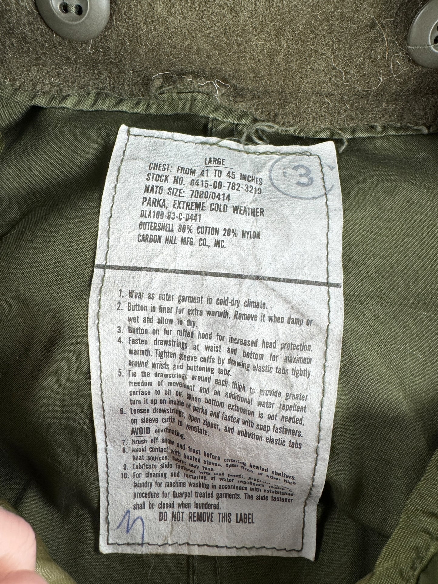 Label on Vintage M-65 Fishtail Parka w/ Liner & Hood SZ L